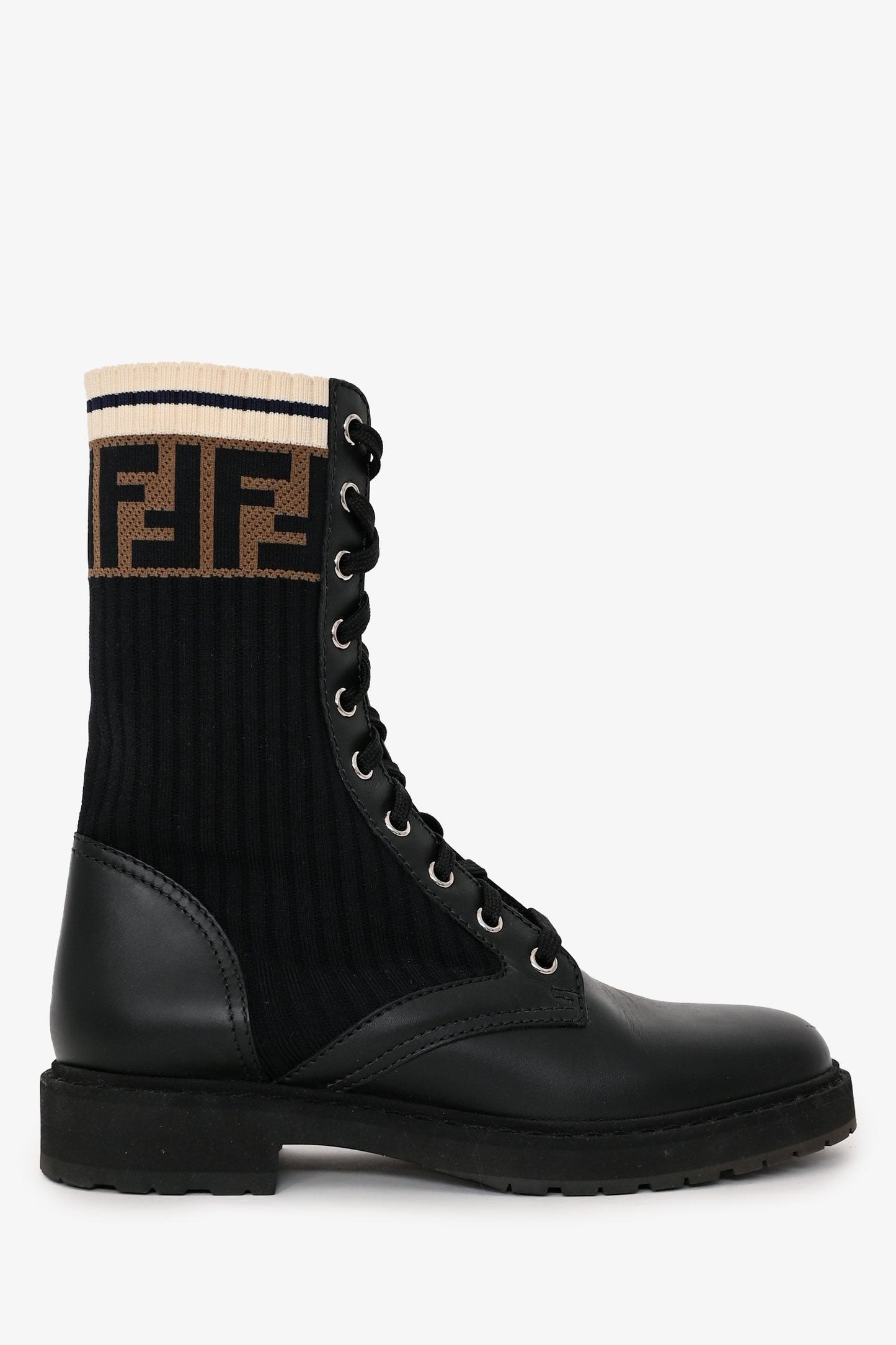 Fendi Shoe Zucca Stretch Knit Combat Boots Leather Black Shoes