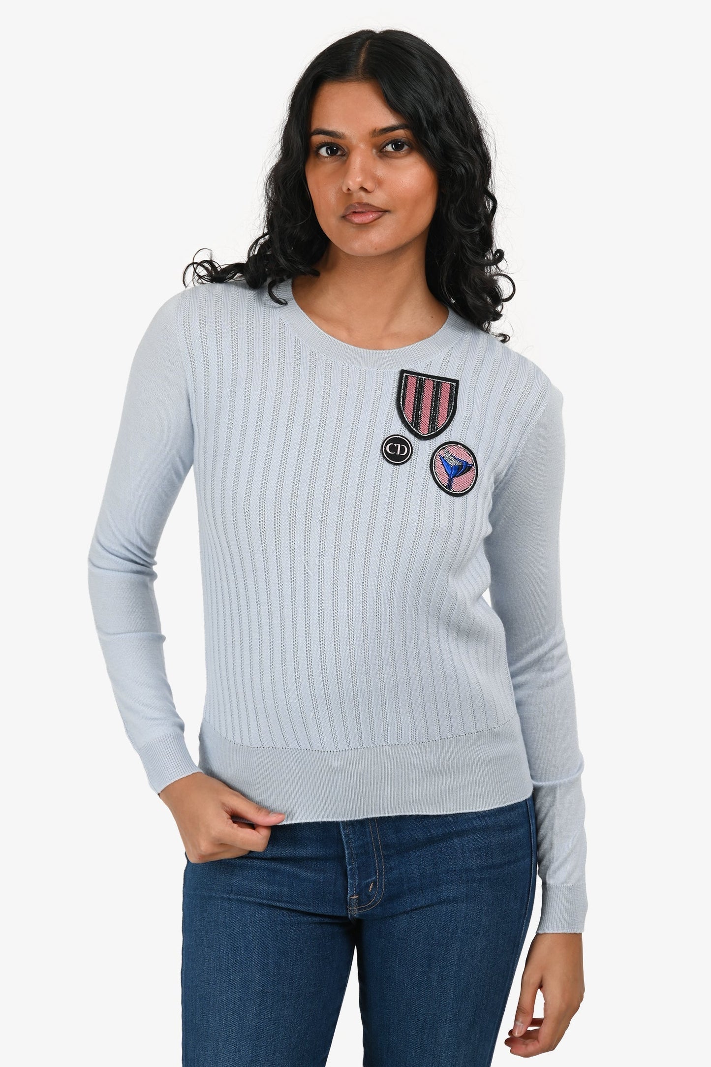 Dior Handbag Christian Cashmere Wool Patch Detail Sweater Blue