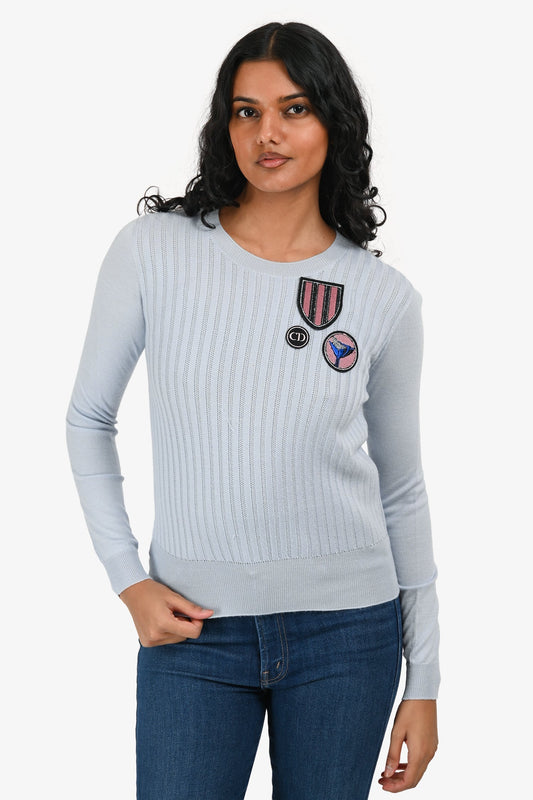 Dior Handbag Christian Cashmere Wool Patch Detail Sweater Blue