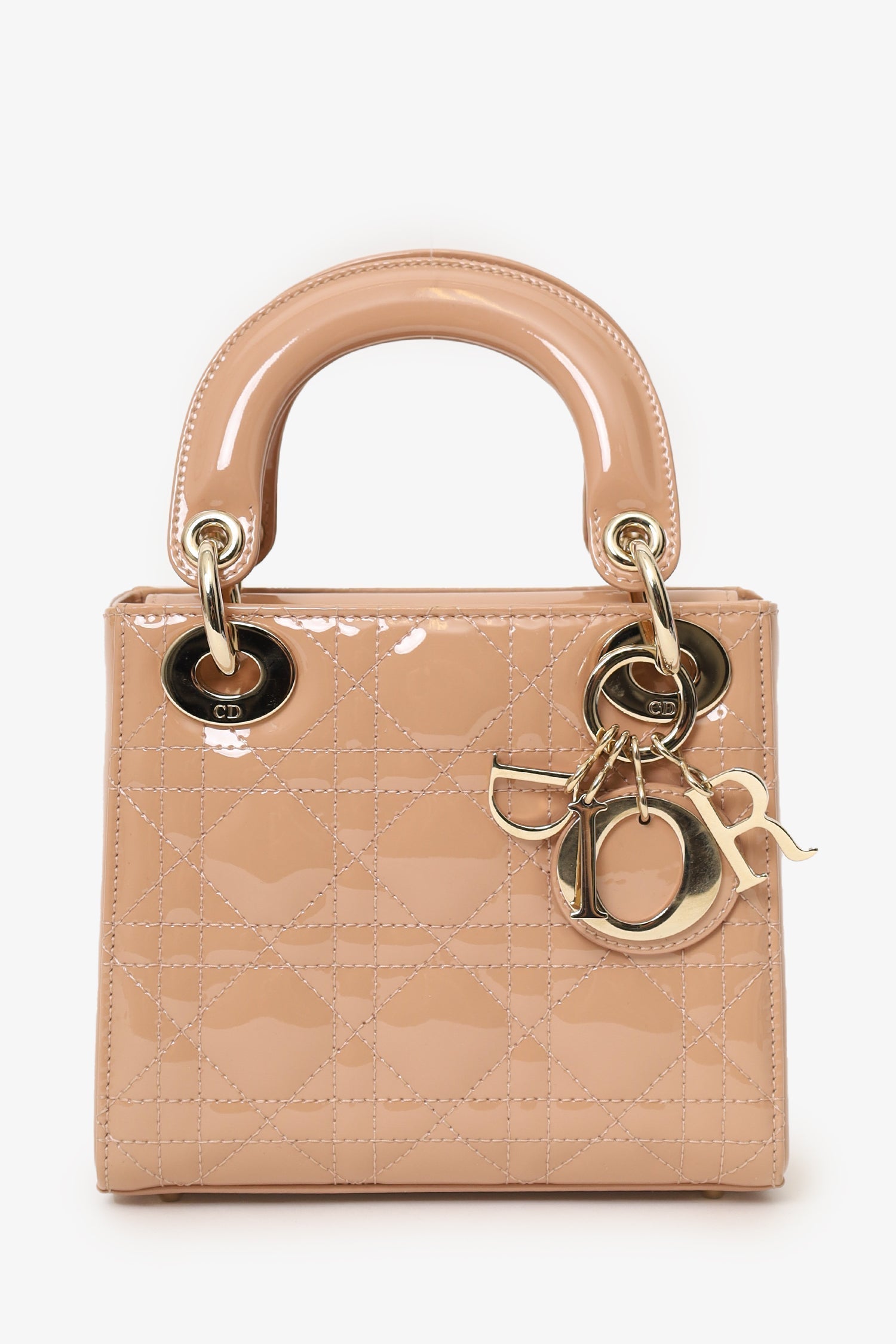 Dior Bag Christian Cannage Lady With Strap Leather Patent Beige Mini Bag