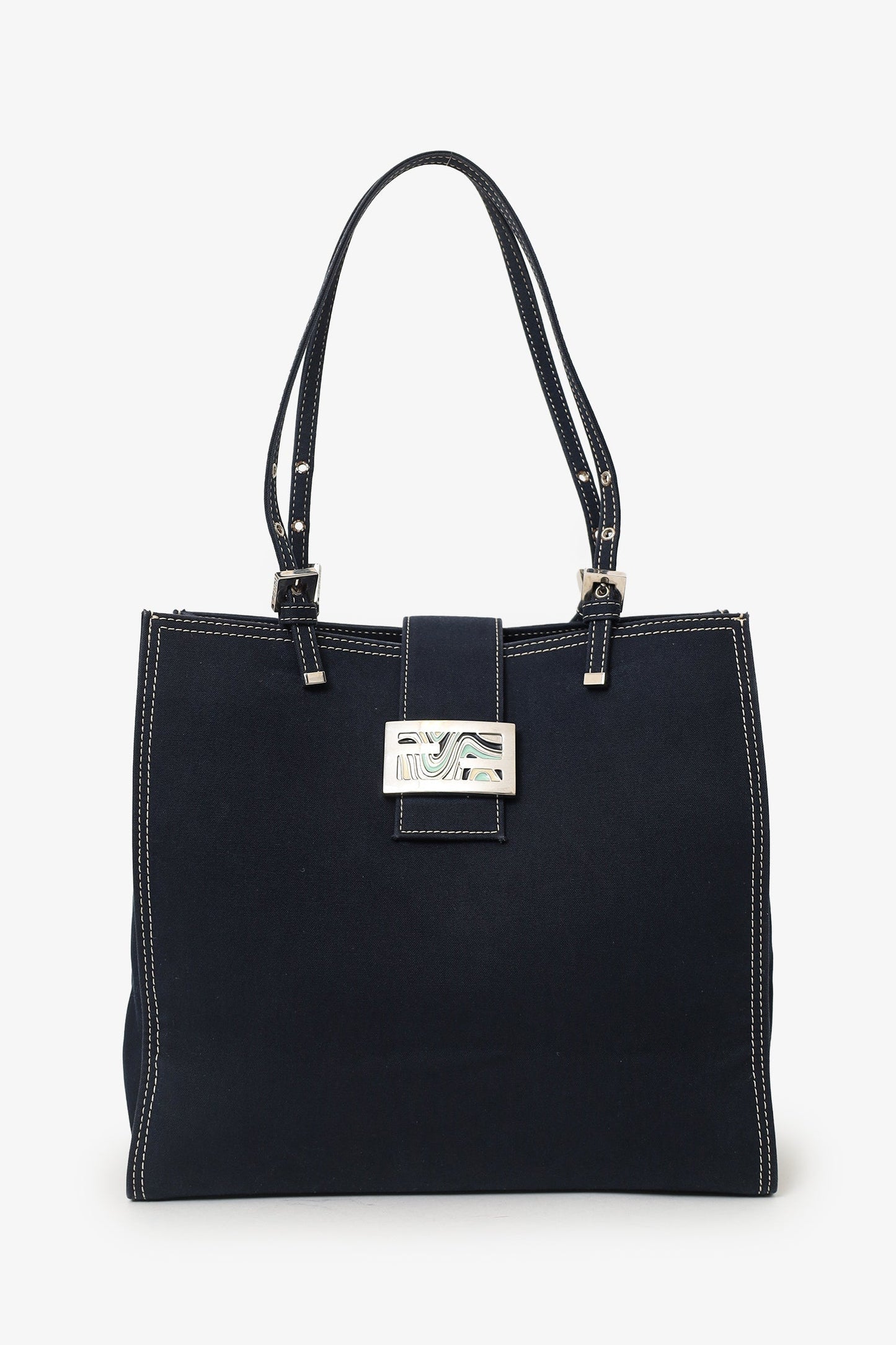 Fendi Tote Bag Baguette Buckle Square Tote Square Denim Blue Shoulder Bag