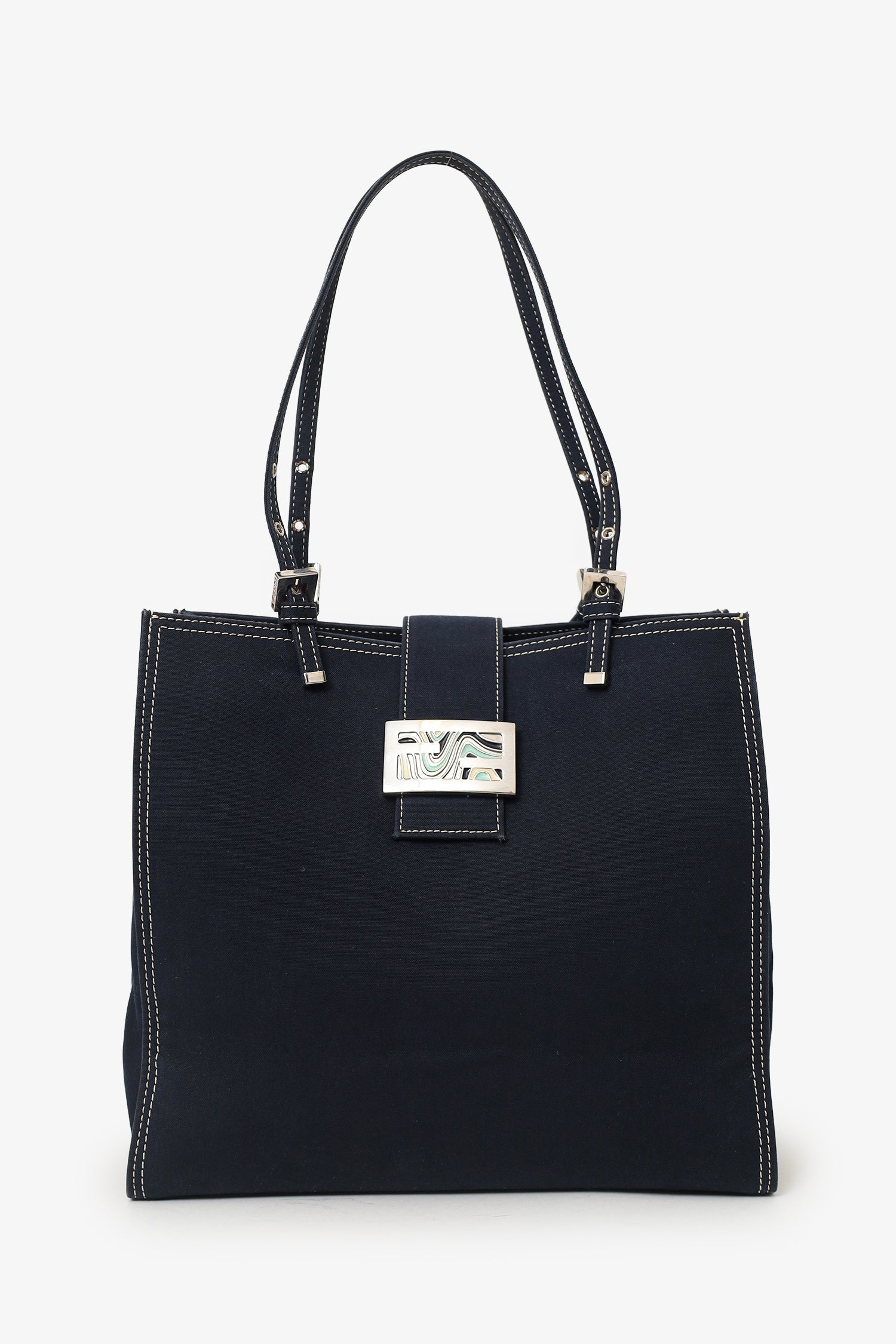Fendi Tote Bag Baguette Buckle Square Tote Square Denim Blue Shoulder Bag