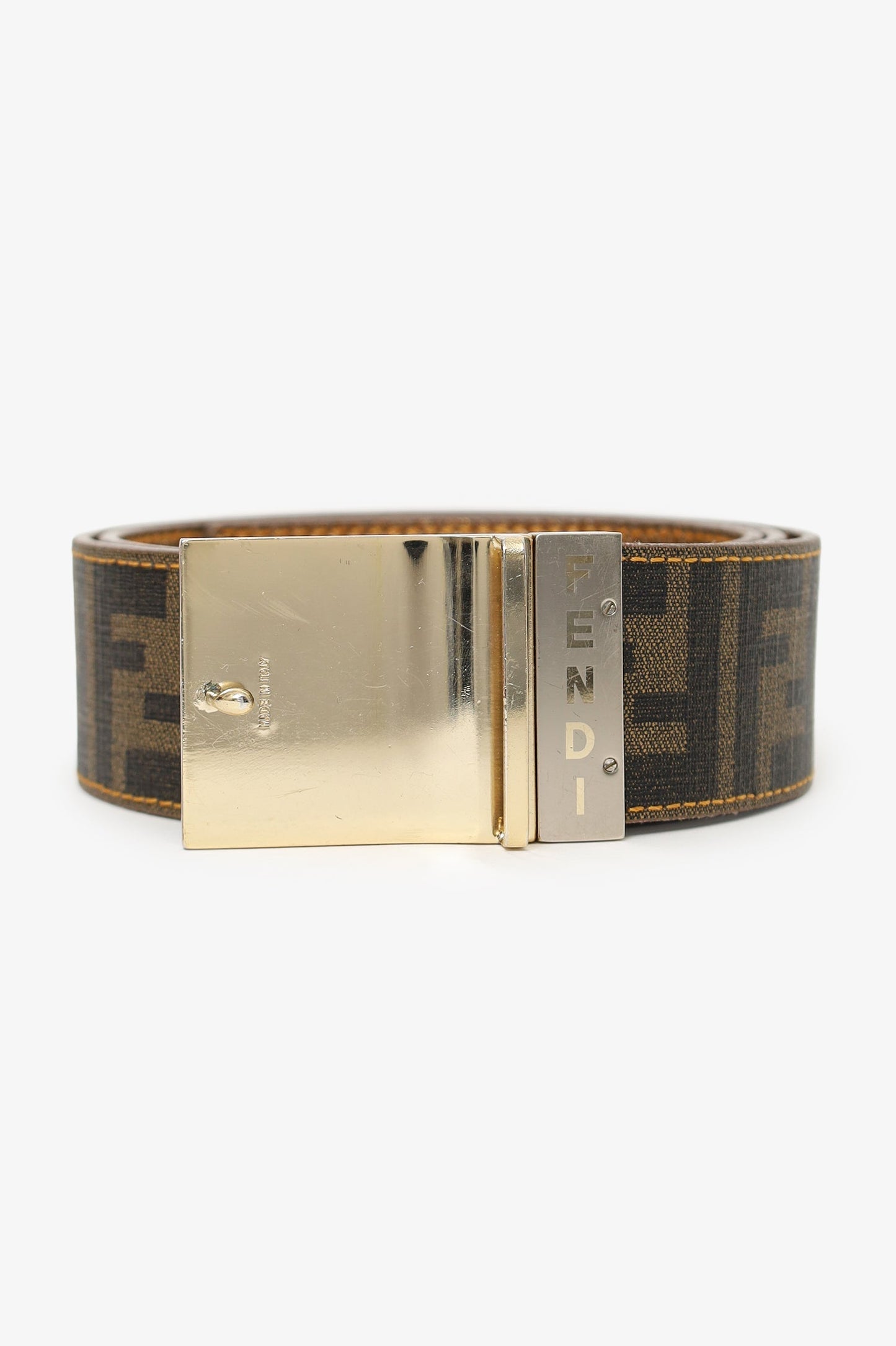 Fendi Handbag Metallic Zucca Coated Reversible Plue Buckle Belt Canvas Gold