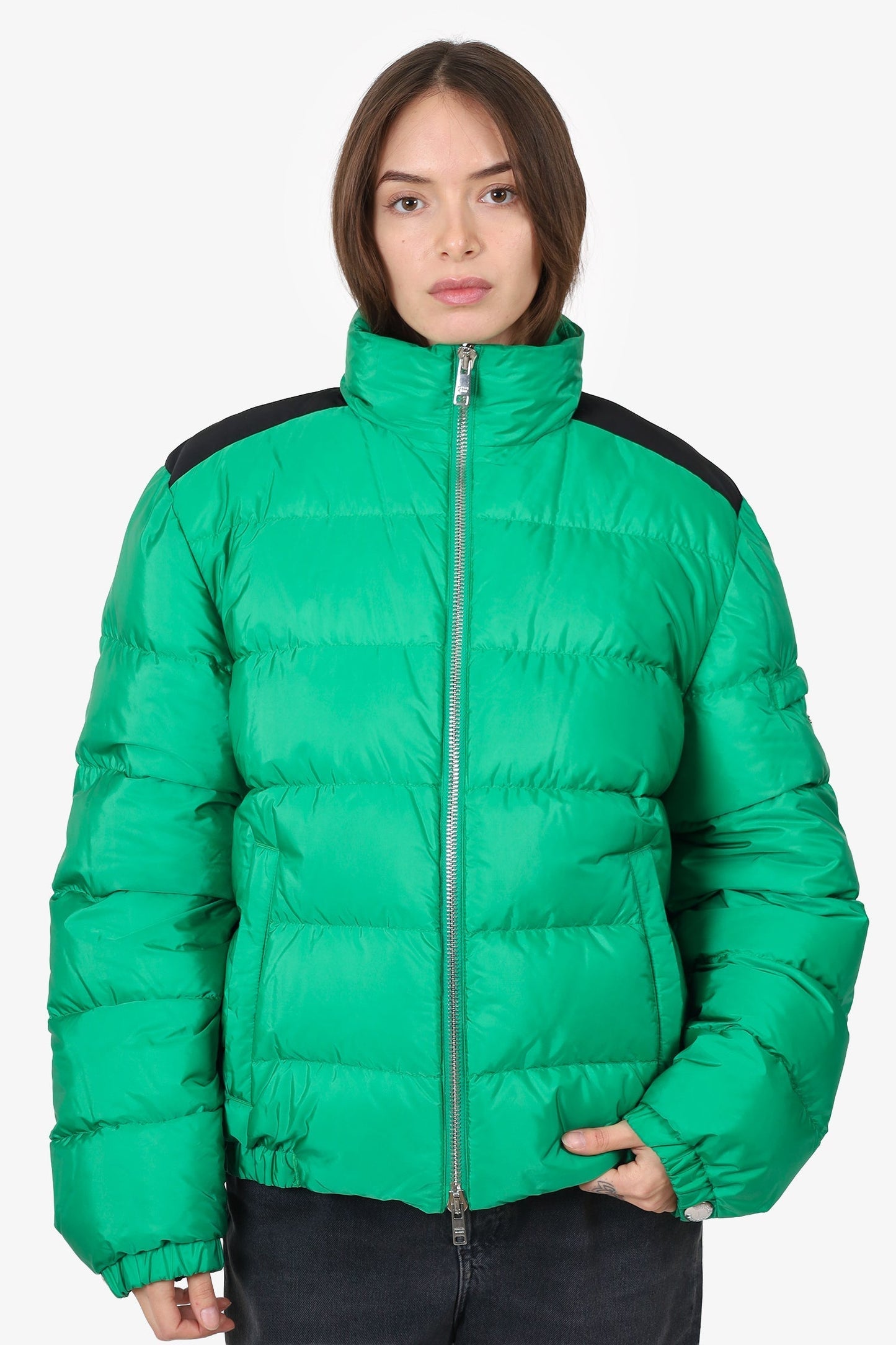 Prada Handbag Down Puffer Jackets Nylon Black Green
