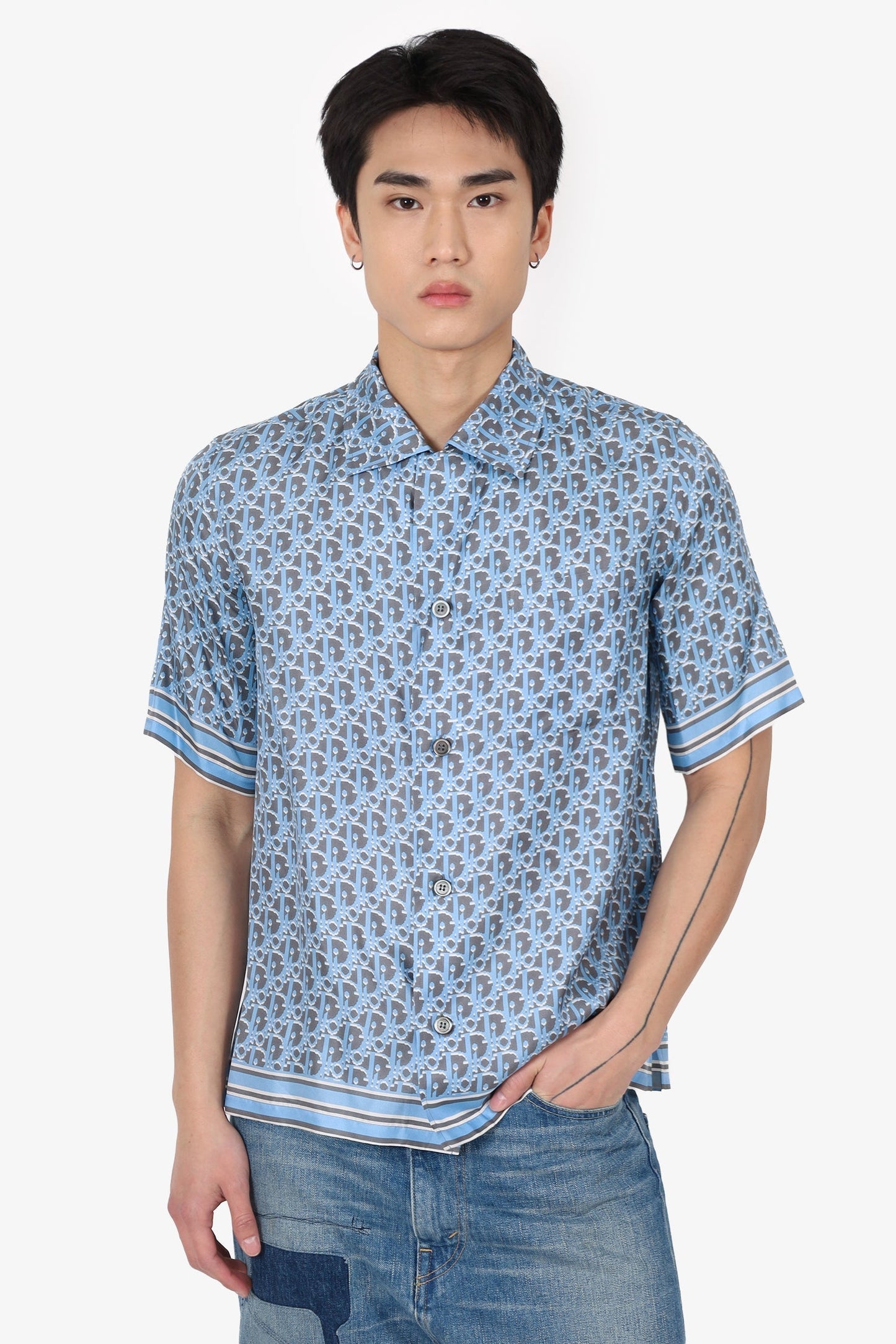 Dior Handbag Grey Silk Oblique Printed Short Sleeve Shirt Blue Gray