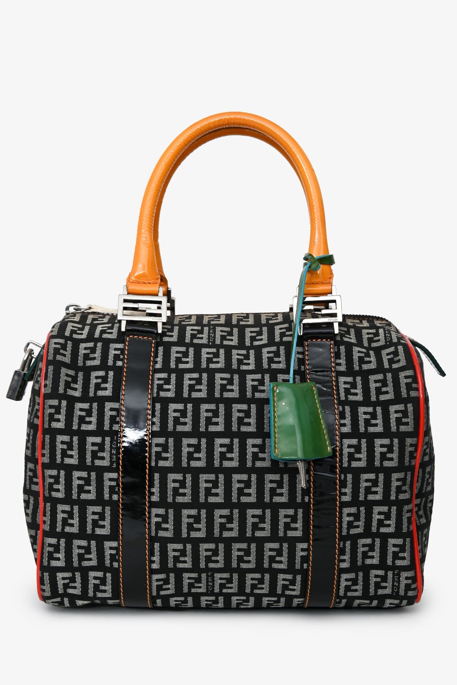 Fendi Handbag Zucchino Boston Bag Leather Canvas Patent Shoulder Bag