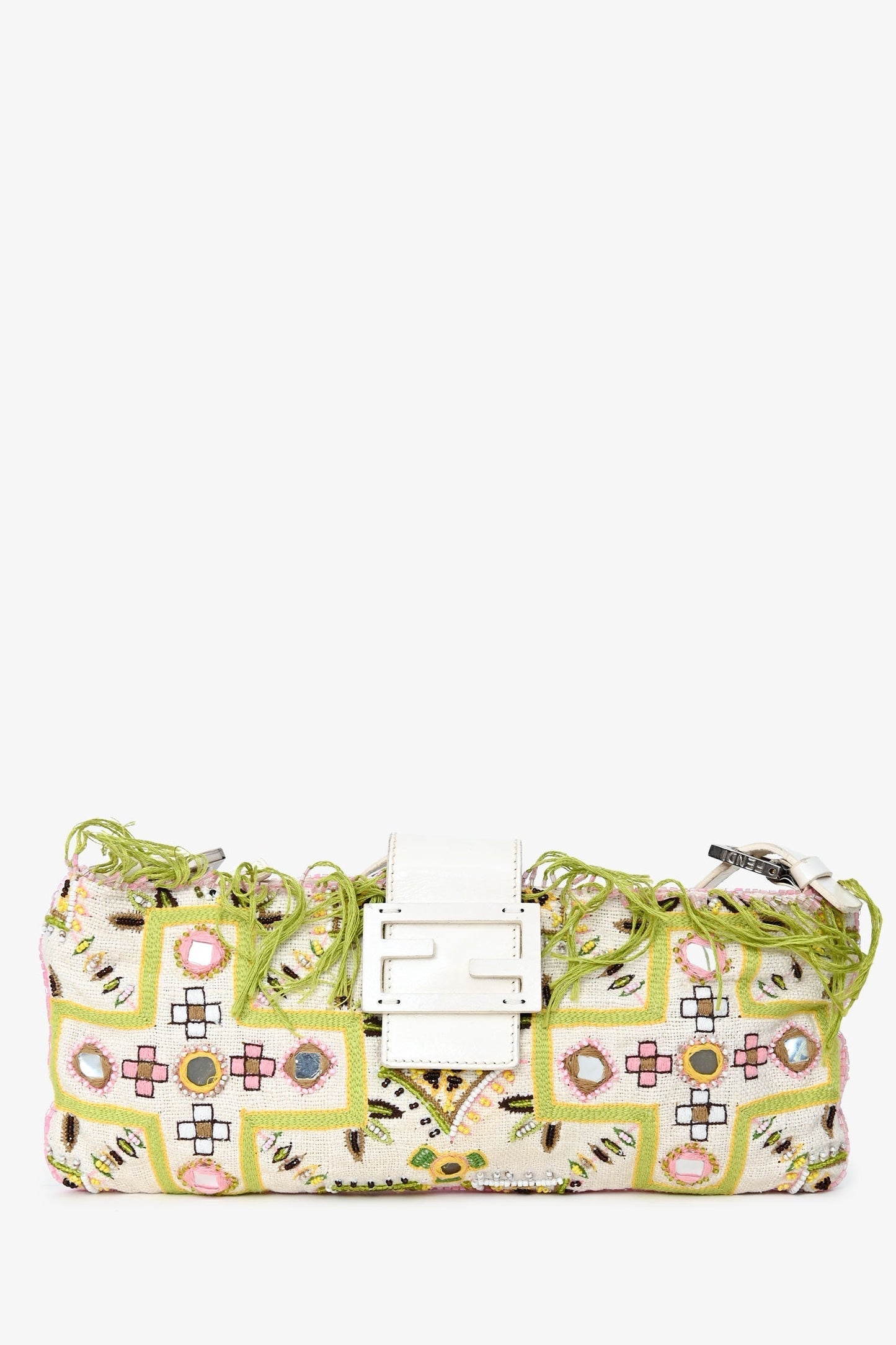 Fendi Limited Edition Fringe Beaded Embroidery Baguette Pochette Shoulder White Green Shoulder Bag