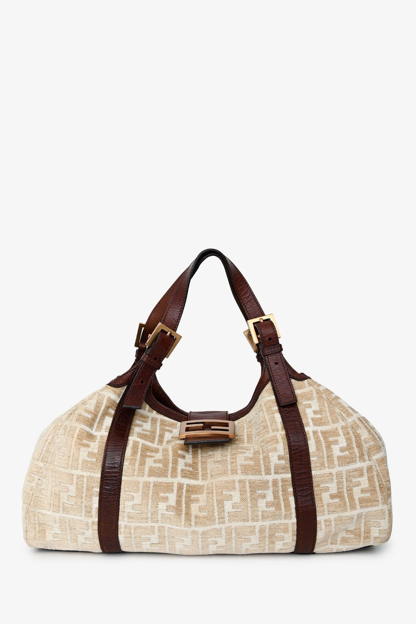 Fendi Velvet Zucca Baguette Hobo Bag Leather Brown Beige Shoulder Bag
