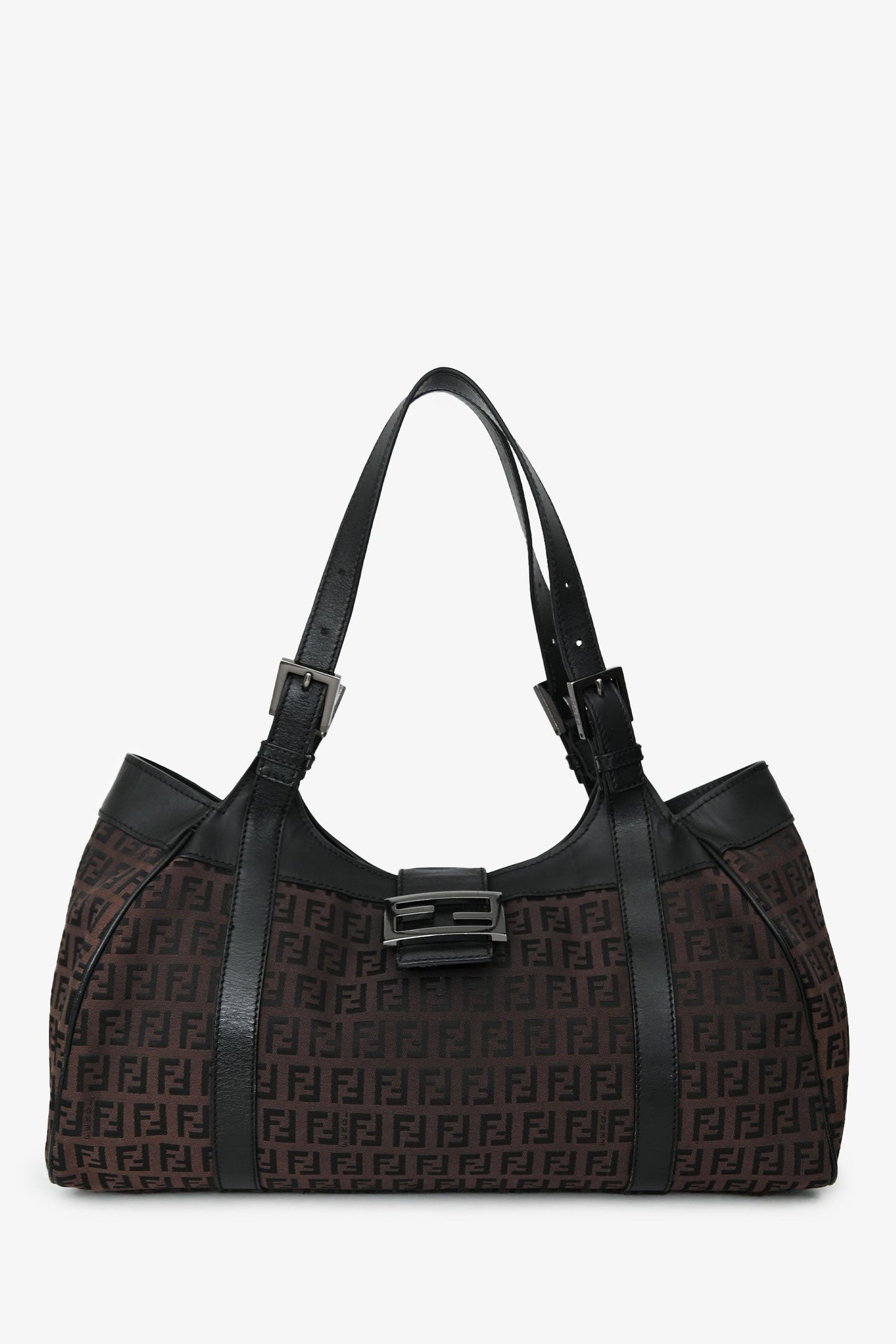 Fendi Zucca Baguette Hobo Bag Canvas Black Brown Shoulder Bag