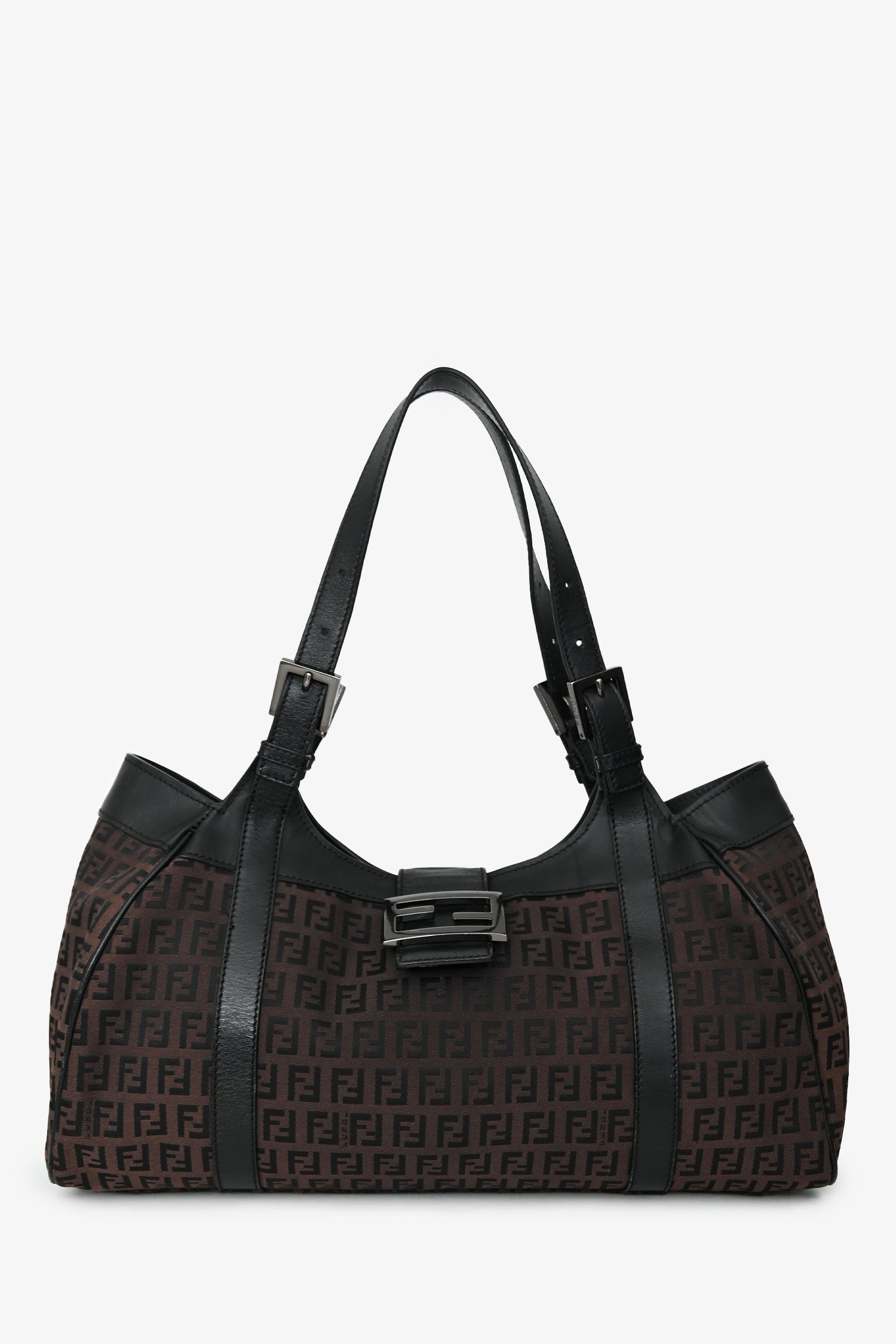 Fendi Zucca Baguette Hobo Bag Canvas Black Brown Shoulder Bag