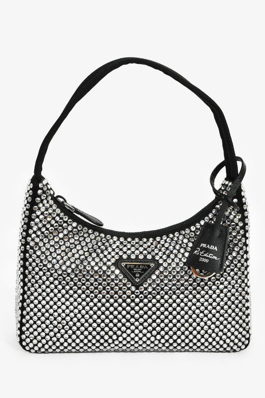 Prada Shoulder Bag Crystal Re-Edition Satin Black Mini