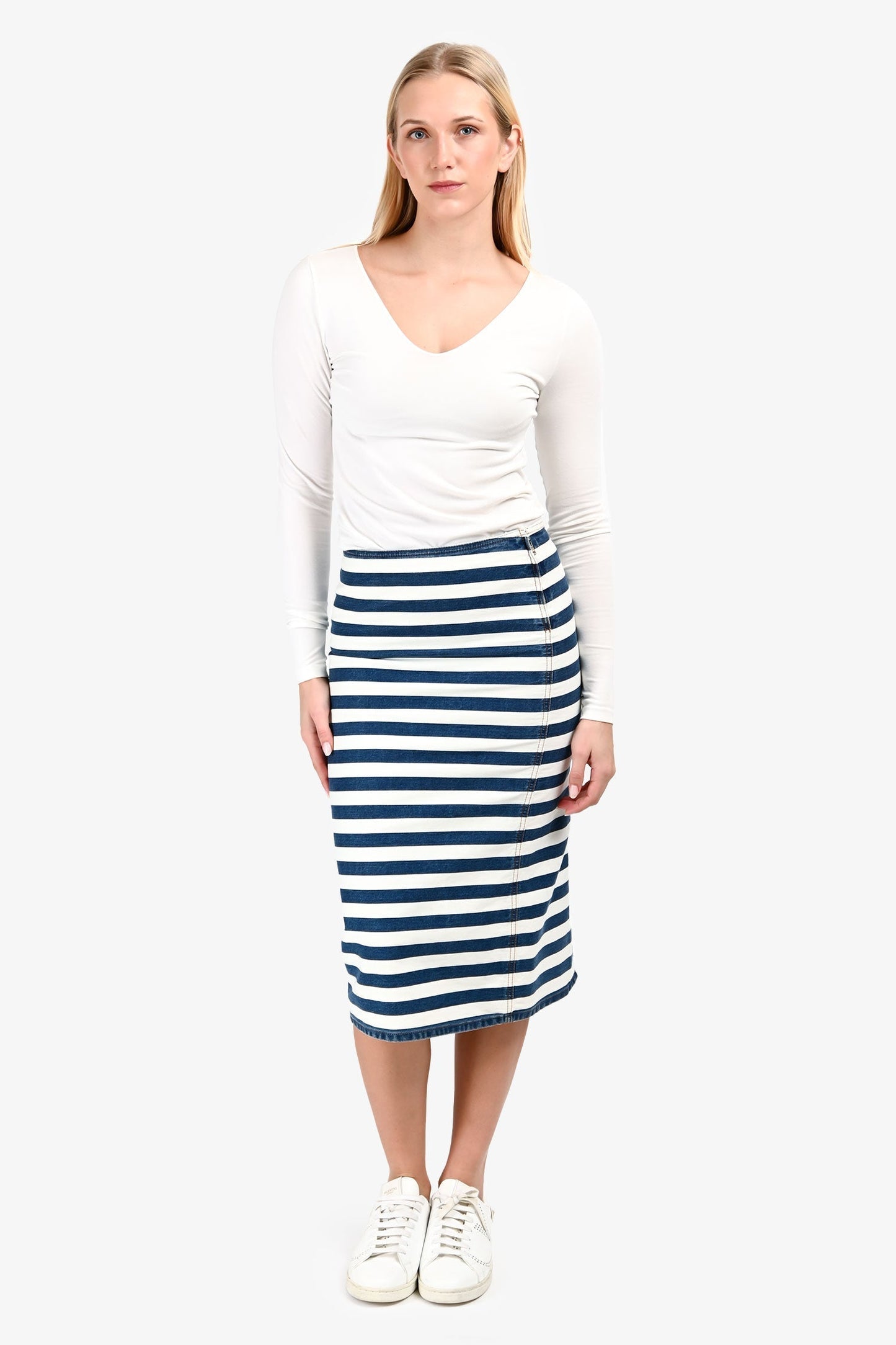 Prada Handbag Striped Midi Skirt Denim White Blue