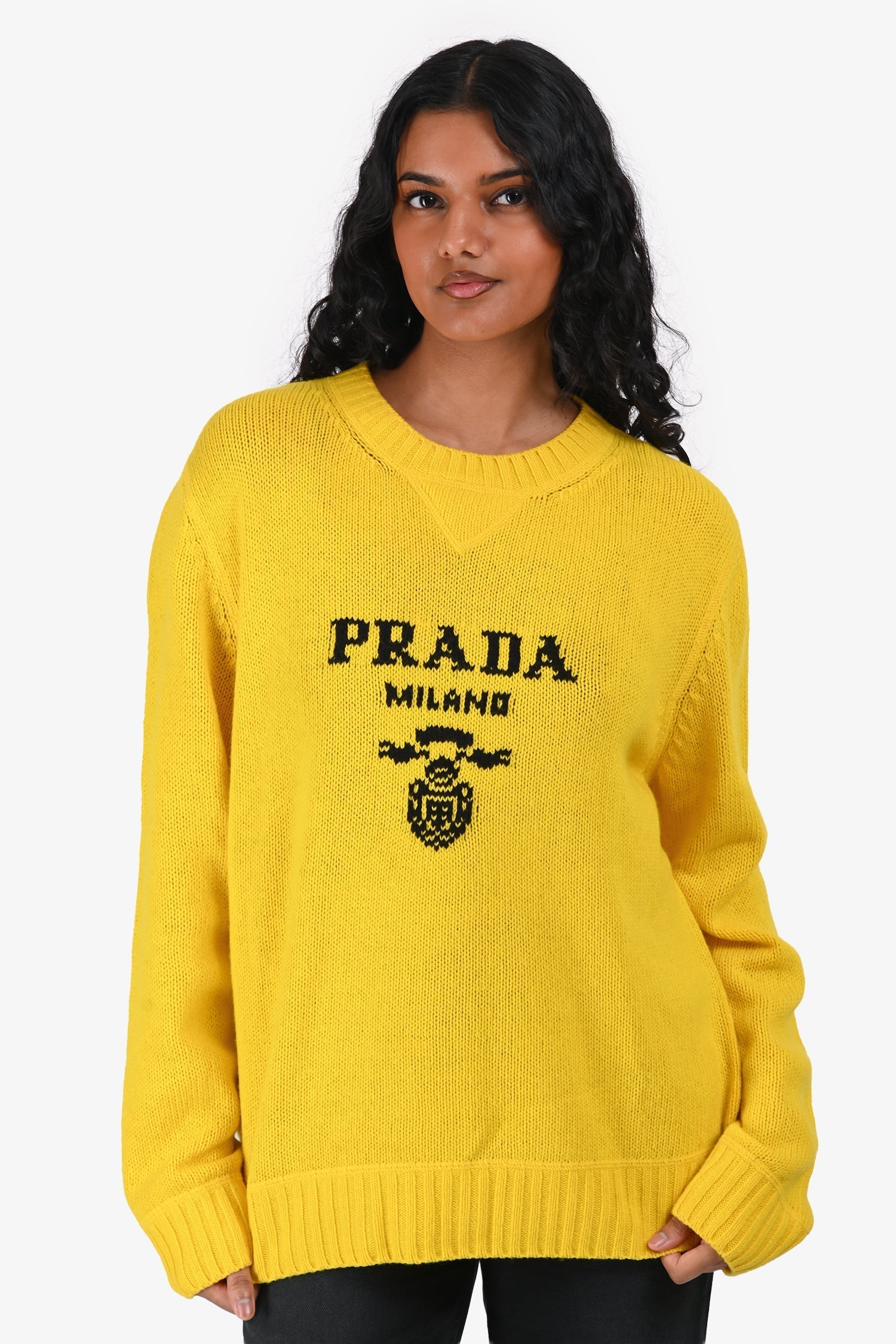 Prada Handbag Wool Cashmere Sweater Yellow Logo