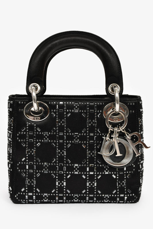 Dior Bag Christian Crystal Embellished Lady with Strap Satin Black Mini Mini Bag