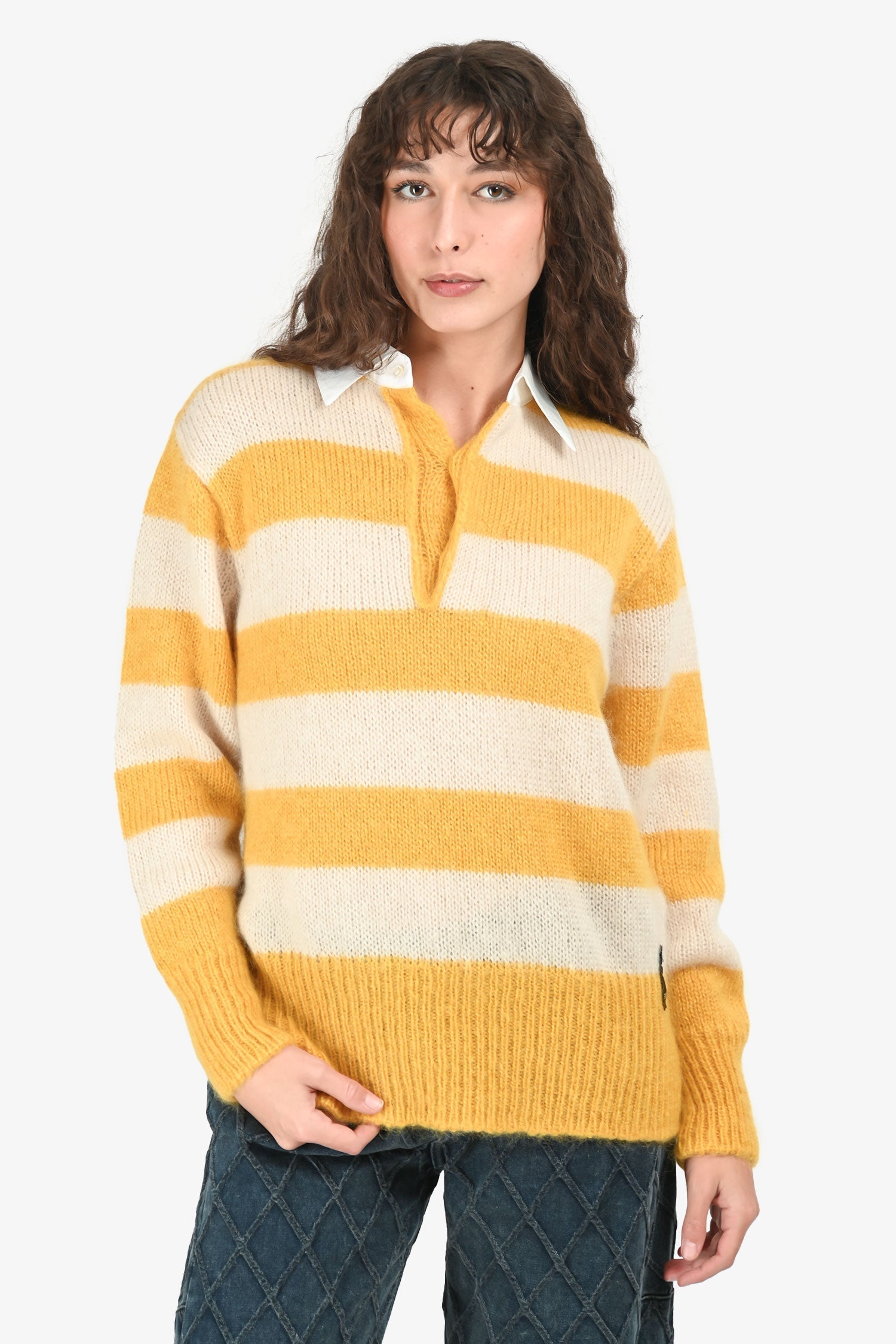 Fendi Handbag Stripe Mohair Polo Shirt White Yellow