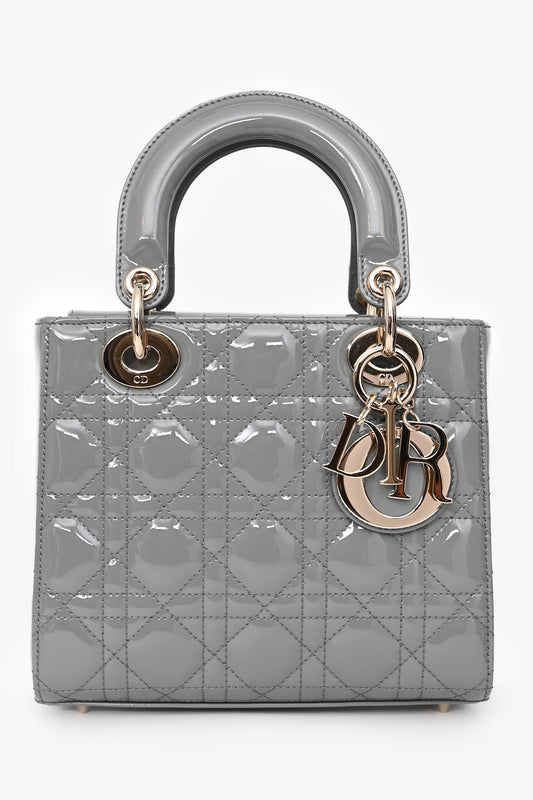 Dior Handbag Christian Grey Lady With Strap Leather Patent Gray