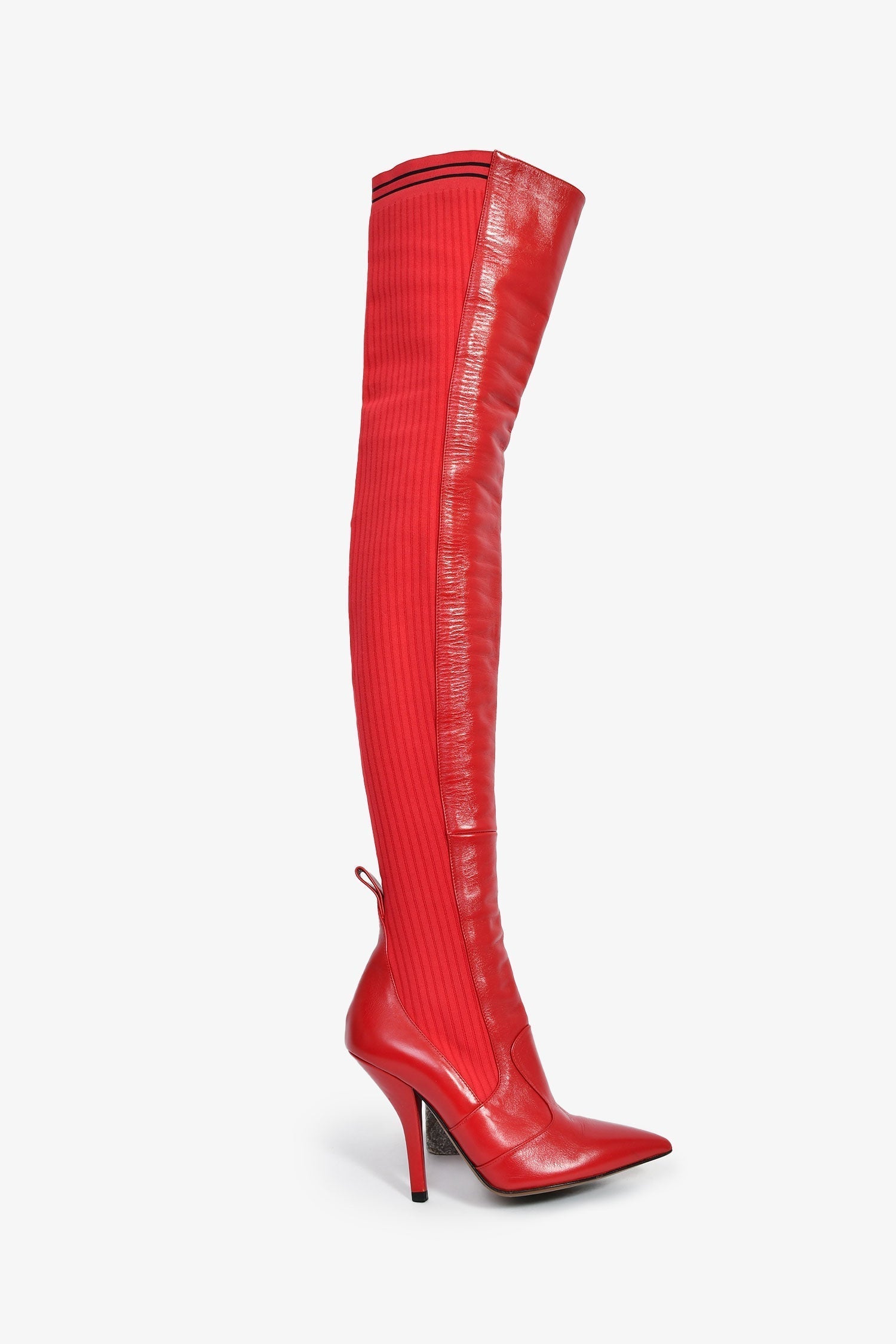 Fendi Handbag Knit Over The Knee 'Rockoko' Heeled Boots Leather Red Shoes