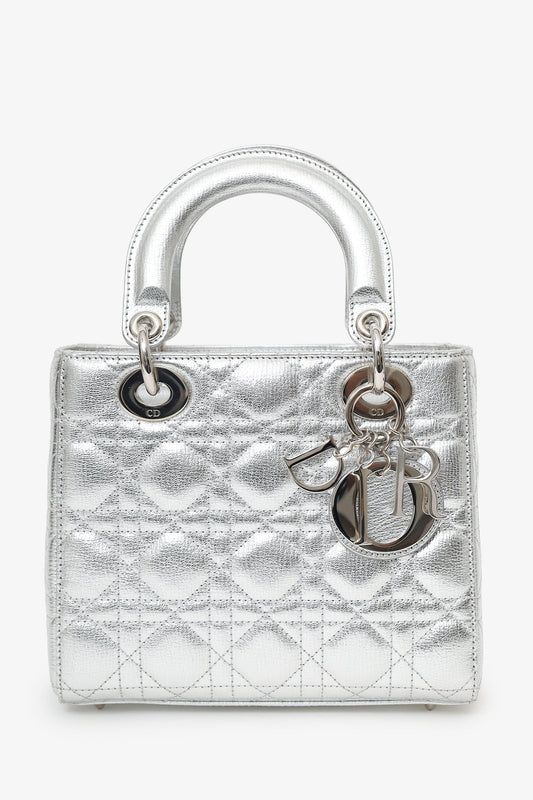 Dior Handbag Christian Metallic Cannage Lady With Strap Leather Silver Small