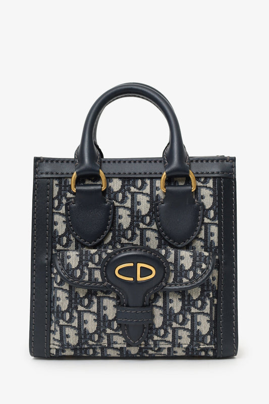Dior Tote Bag Christian Oblique With Strap Leather Canvas Navy