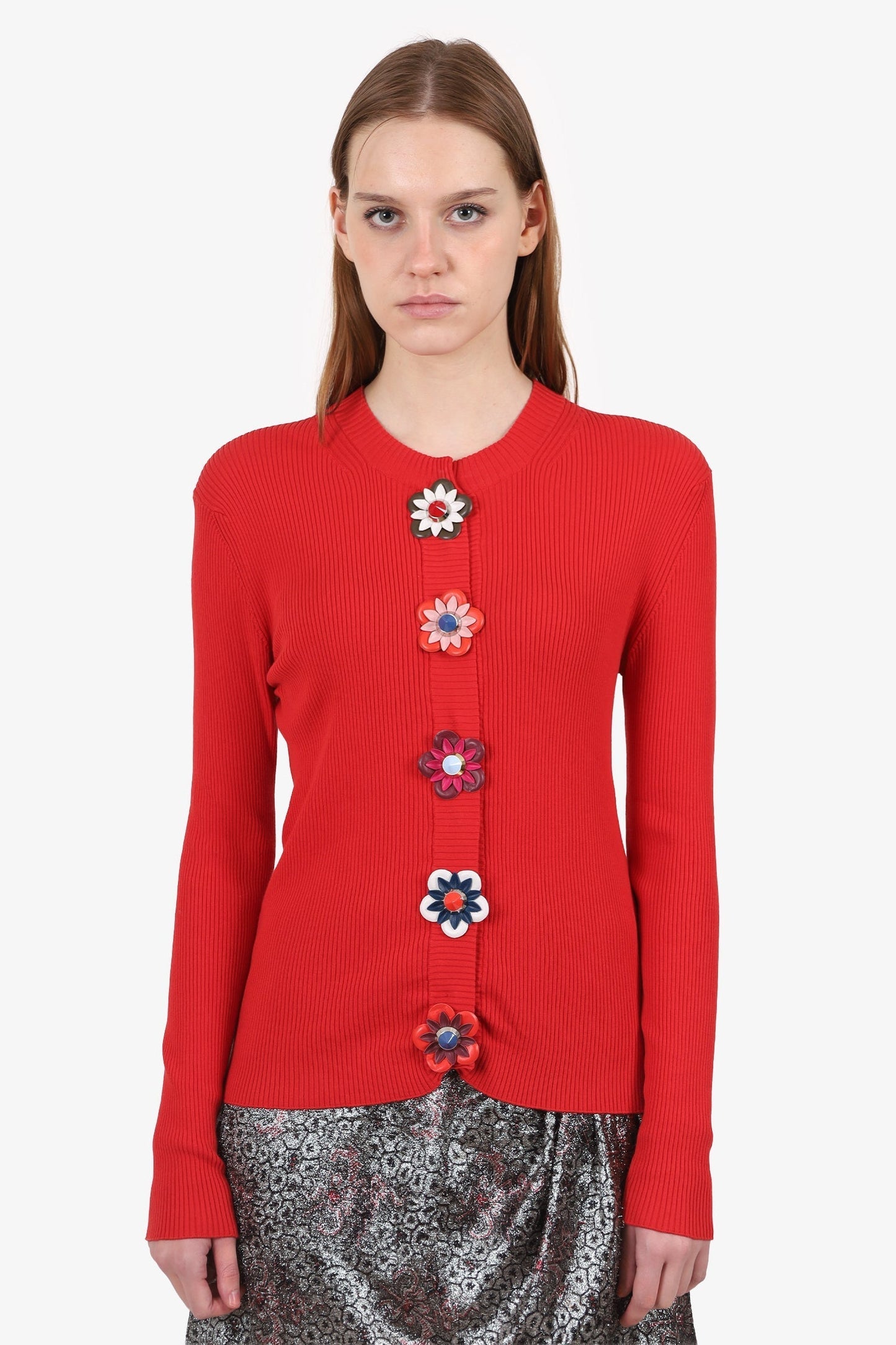 Fendi Handbag Ribbed Knit Flower Button Cardigan Leather Red
