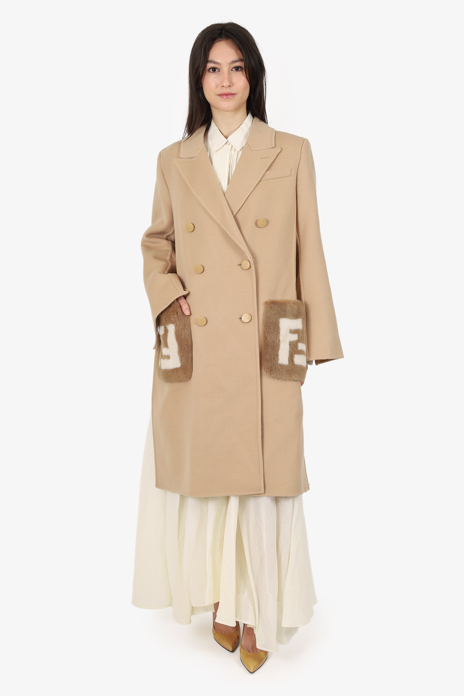 Fendi Handbag Wool Mink FF Fur Pocket Coat Beige