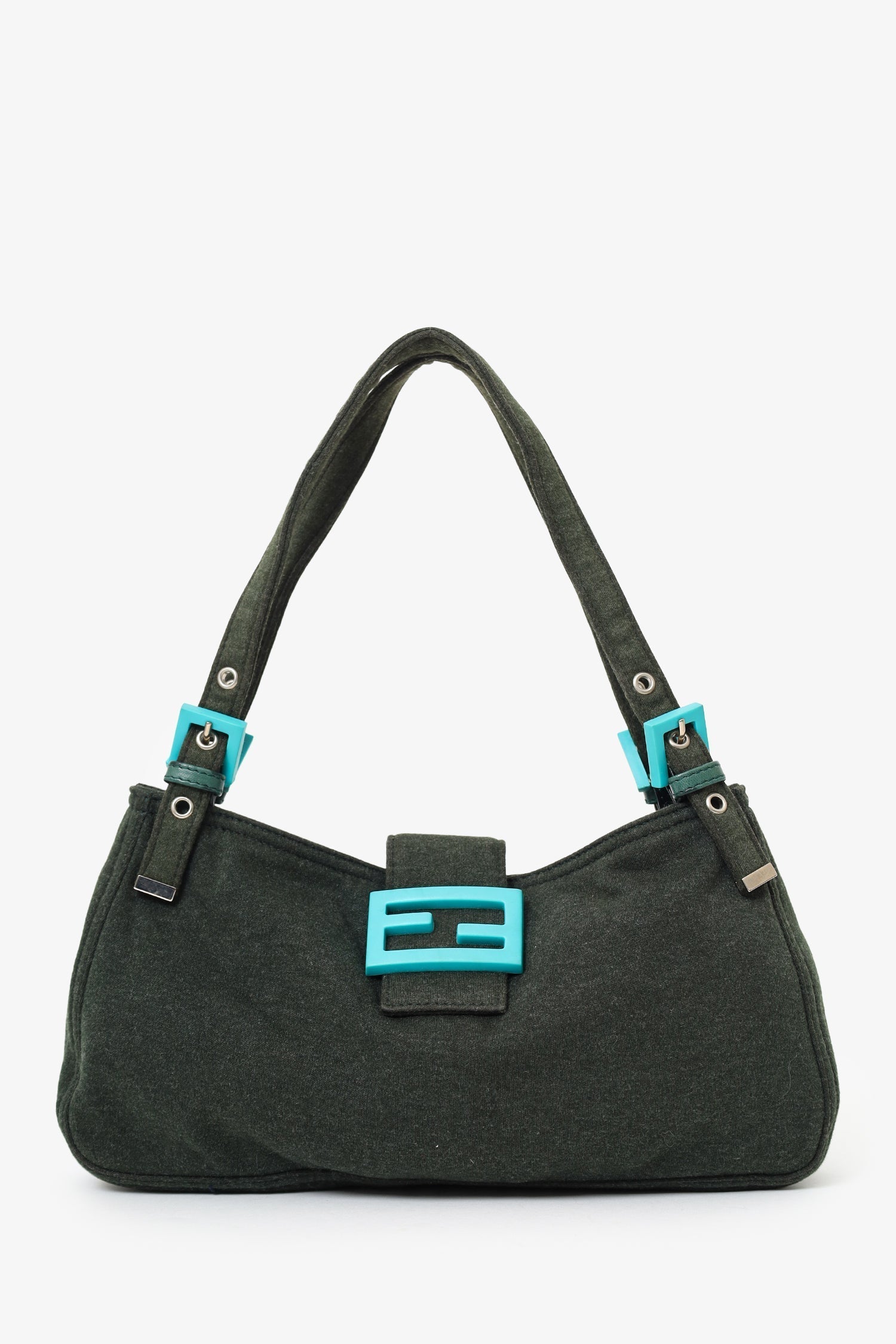 Fendi Handbag Jersey Double Strap Mama Baguette Bag Blue Green Shoulder Bag