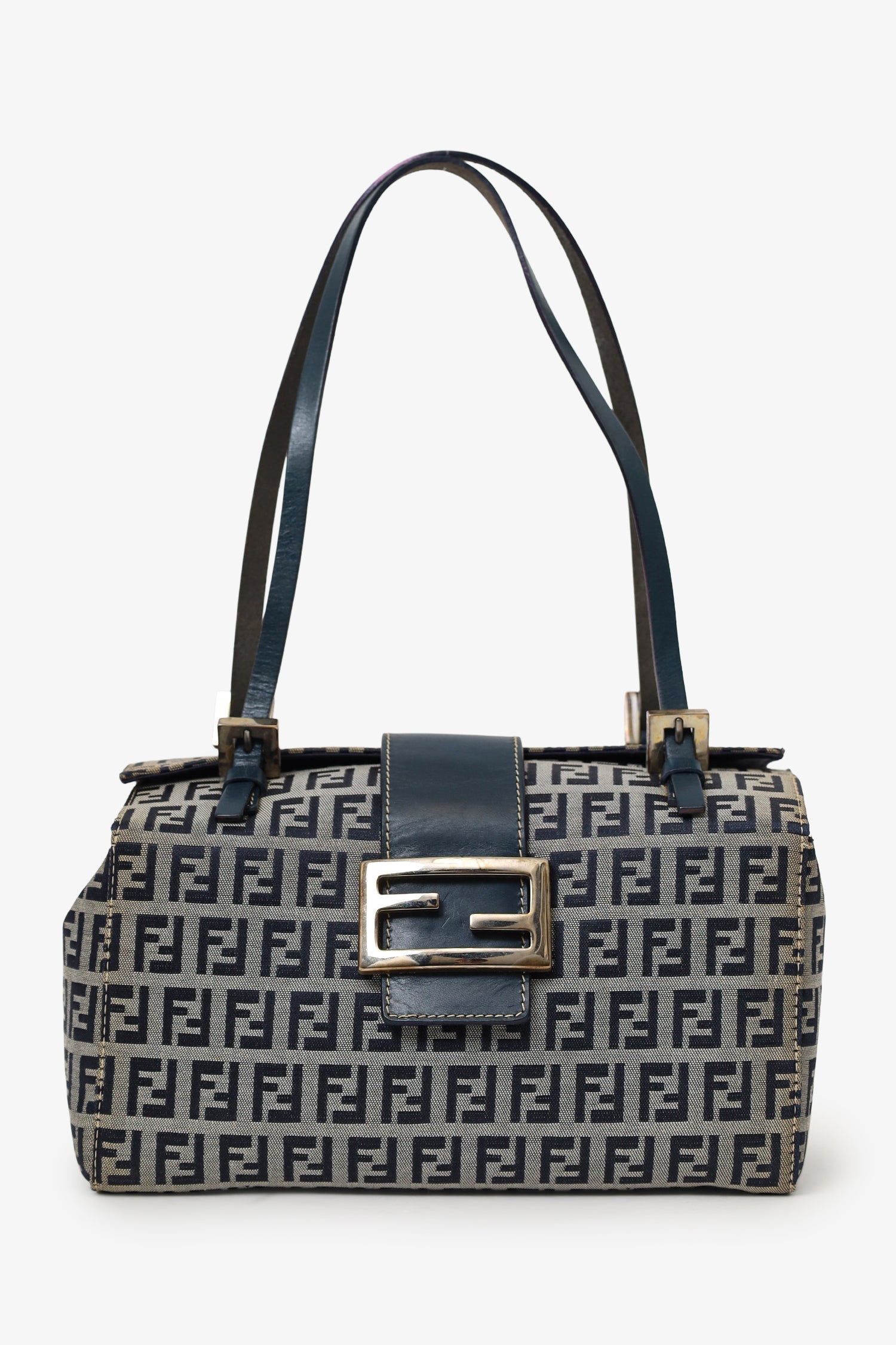 Fendi Shoulder Bag Grey FF Zucca Bento Box Bag Canvas Gray Navy
