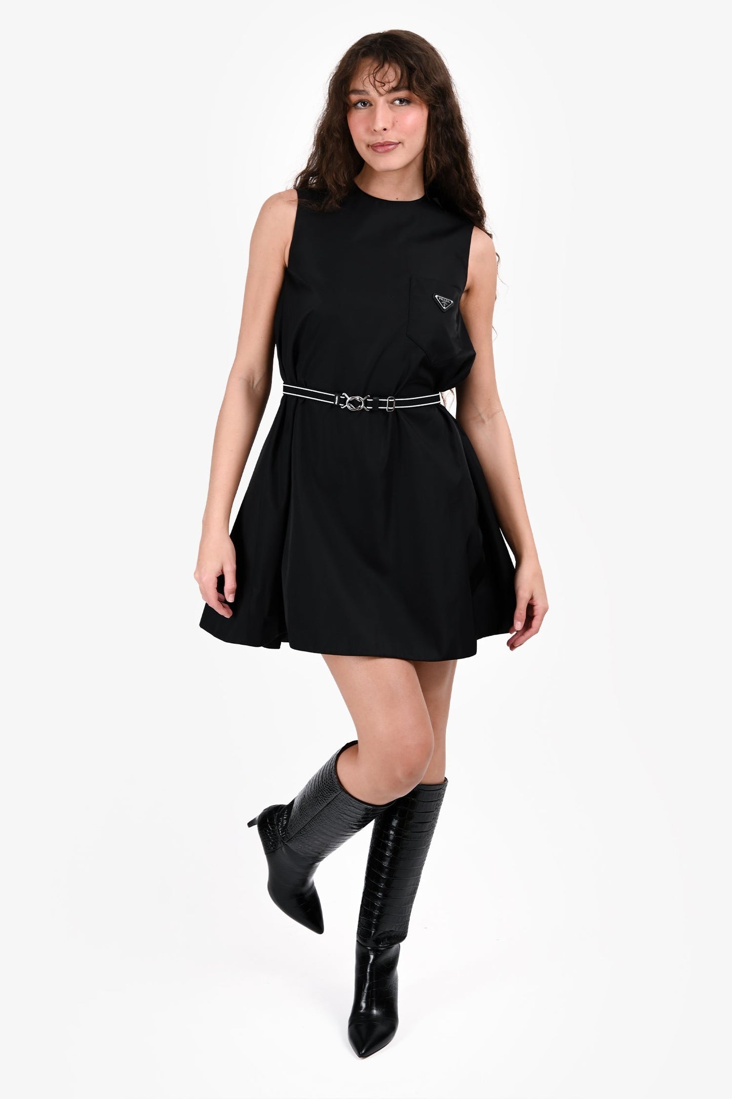 Prada Handbag Re- 'Gabardine' Belted Midi Dress Nylon Black