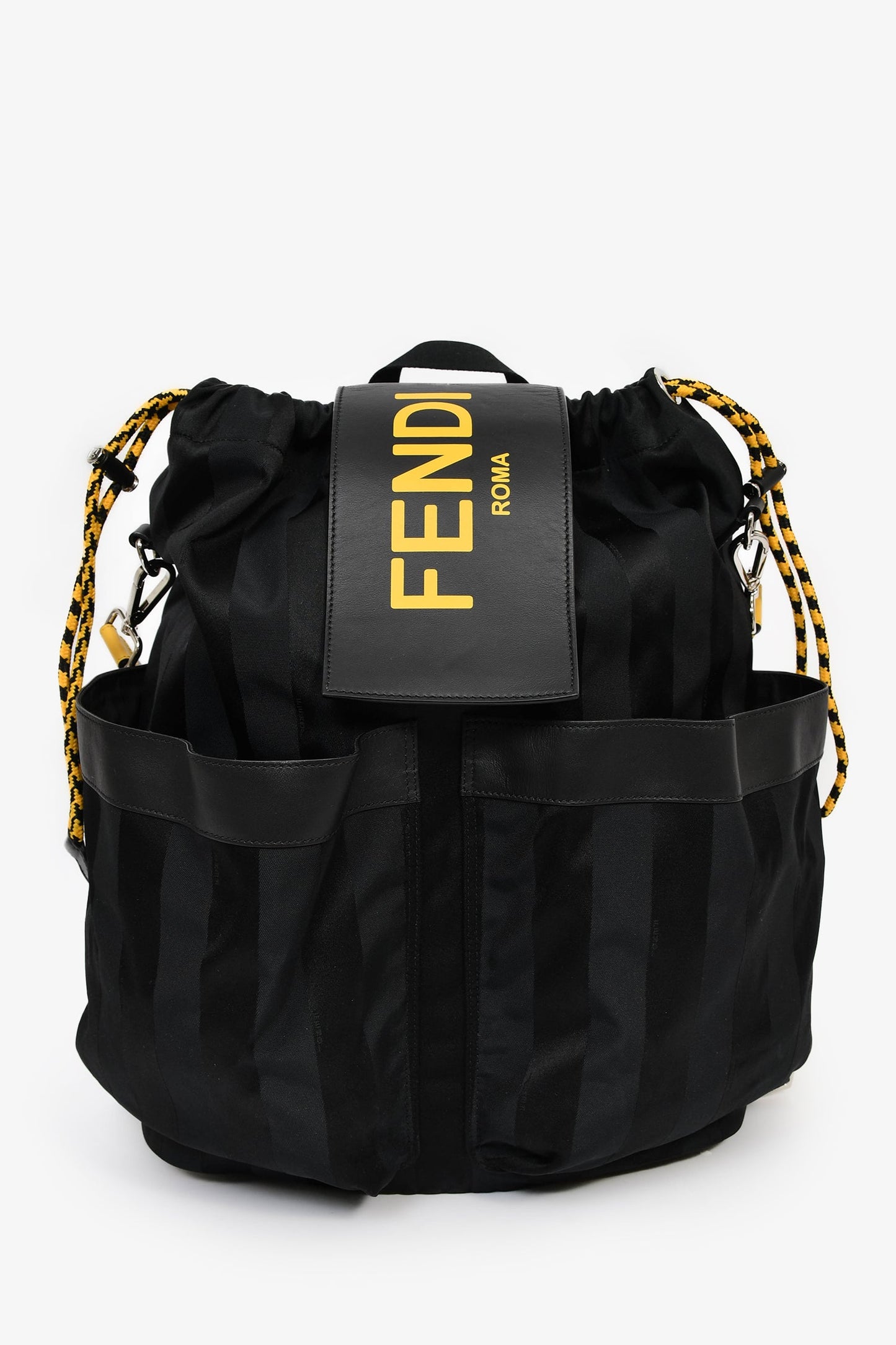 Fendi Backpack Pequin Drawstring Leather Nylon Black