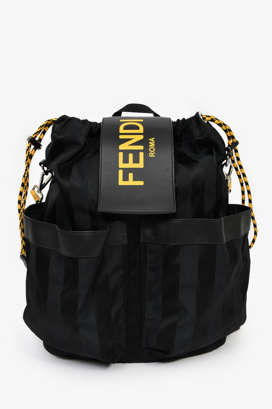 Fendi Backpack Pequin Drawstring Leather Nylon Black