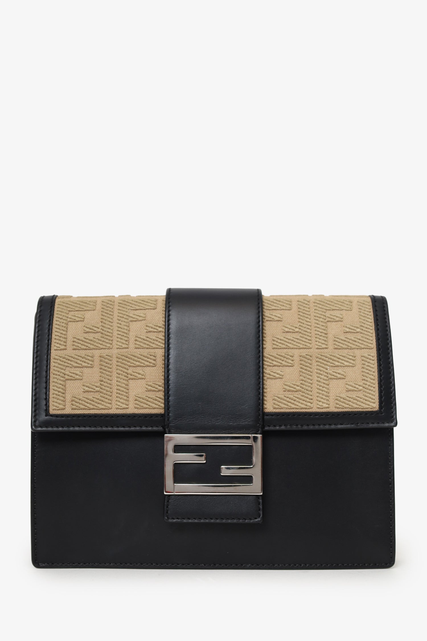 Fendi Calfskin Ff Flat Baguette Crossbody Canvas Black Beige Shoes