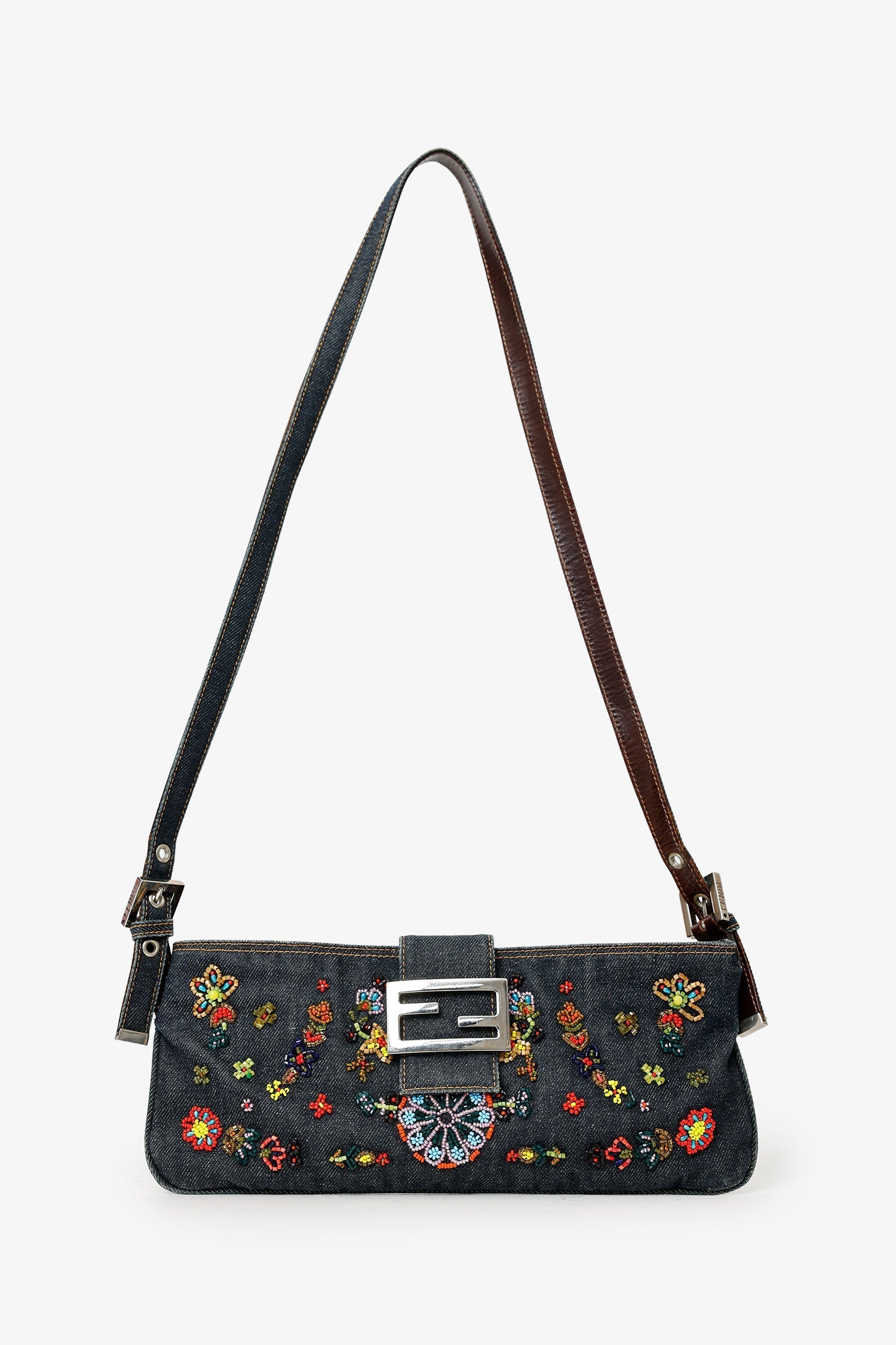 Fendi Beaded Baguette Pochette Shoulder Bag Denim Blue