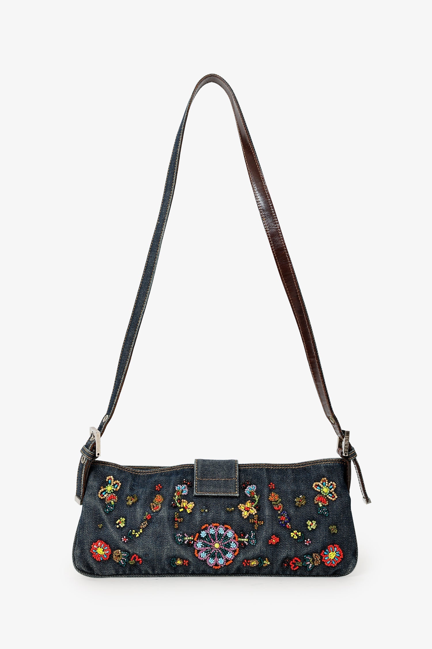 Fendi Beaded Baguette Pochette Shoulder Bag Denim Blue