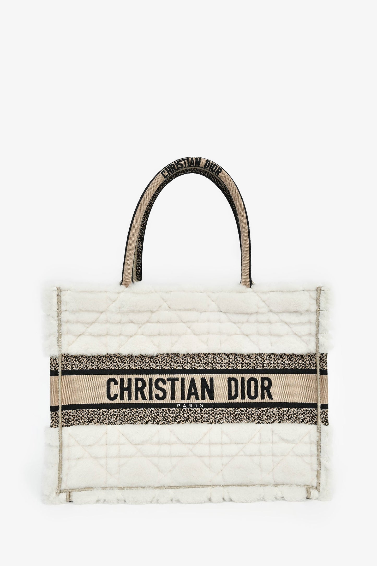 Dior Tote Bag Christian Ecru Cannage Shearling Taupe Book Canvas Medium