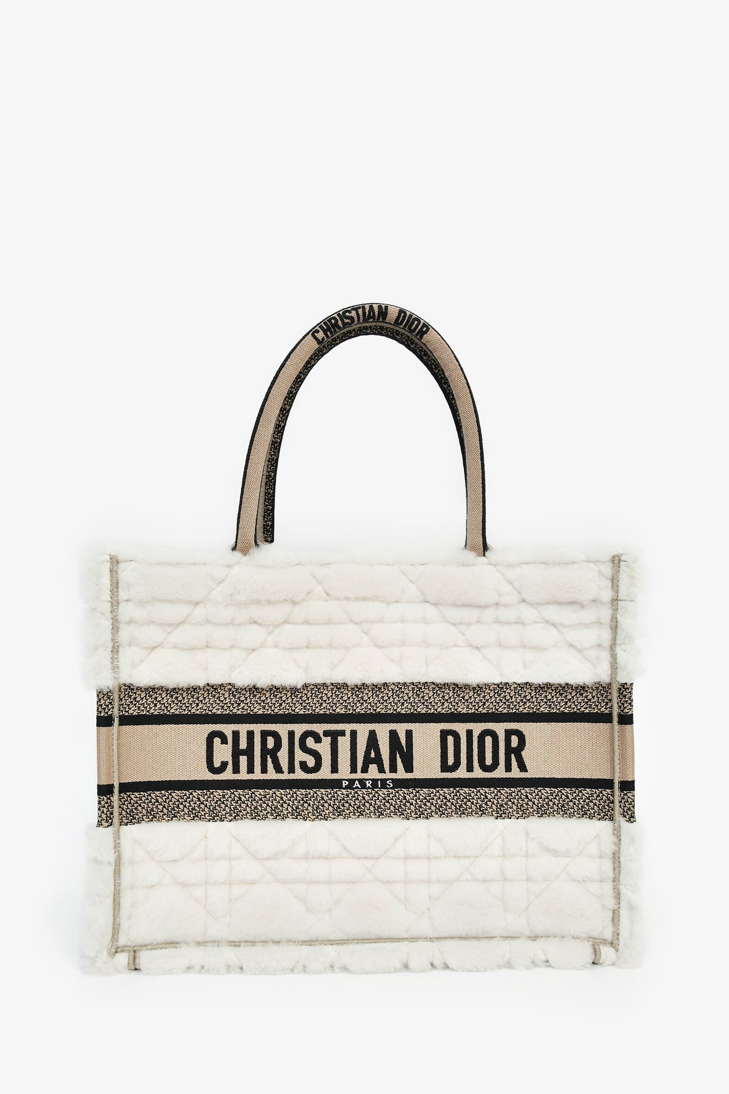 Dior Tote Bag Christian Ecru Cannage Shearling Taupe Book Canvas Medium