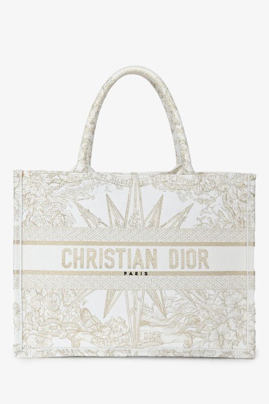 Dior Tote Bag Christian Metallic & Book Tote Canvas White Medium