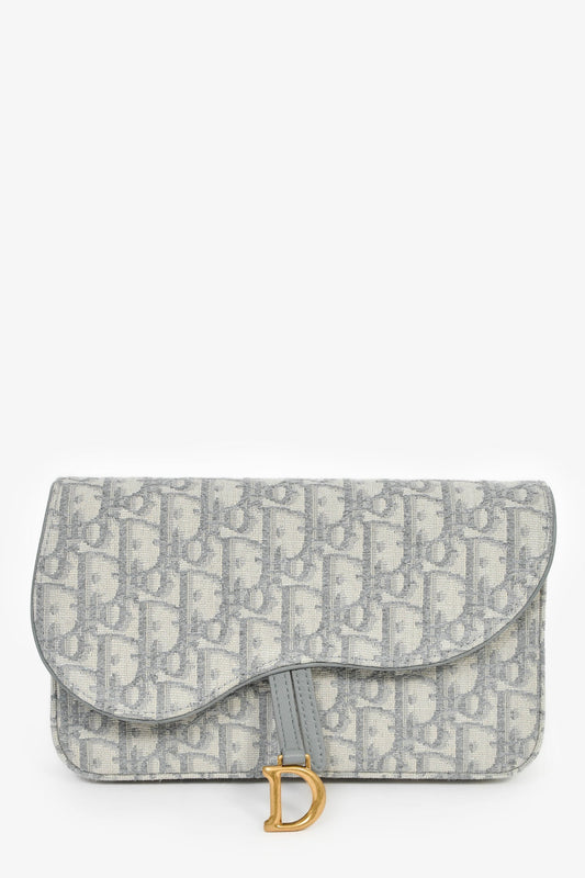 Dior Handbag Christian Grey Oblique Saddle Pouch With Canvas Gray Medium