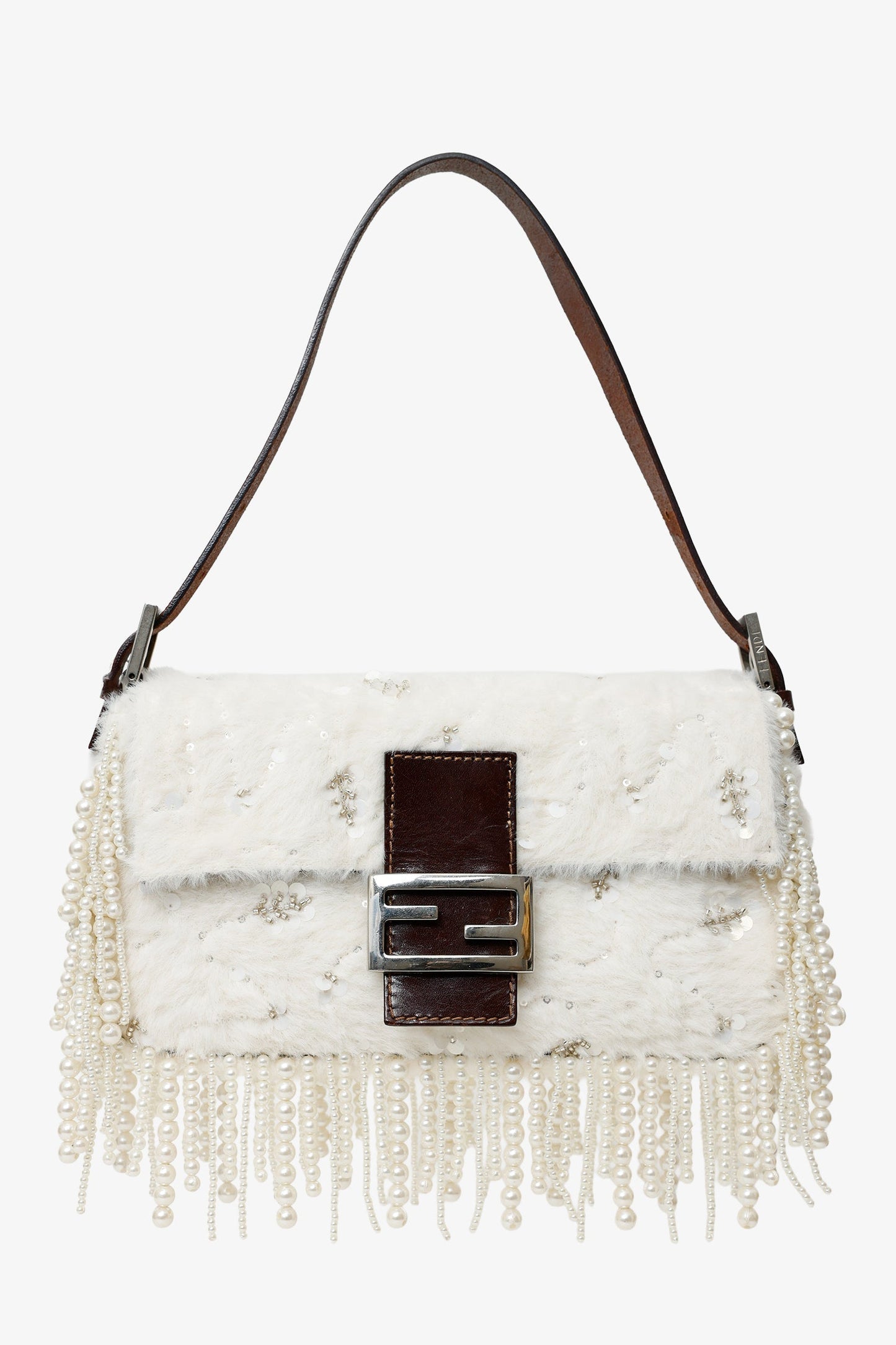 Fendi Limited Edition Fur Beaded Sequin Pearl Fringed Baguette White Shoulder Bag