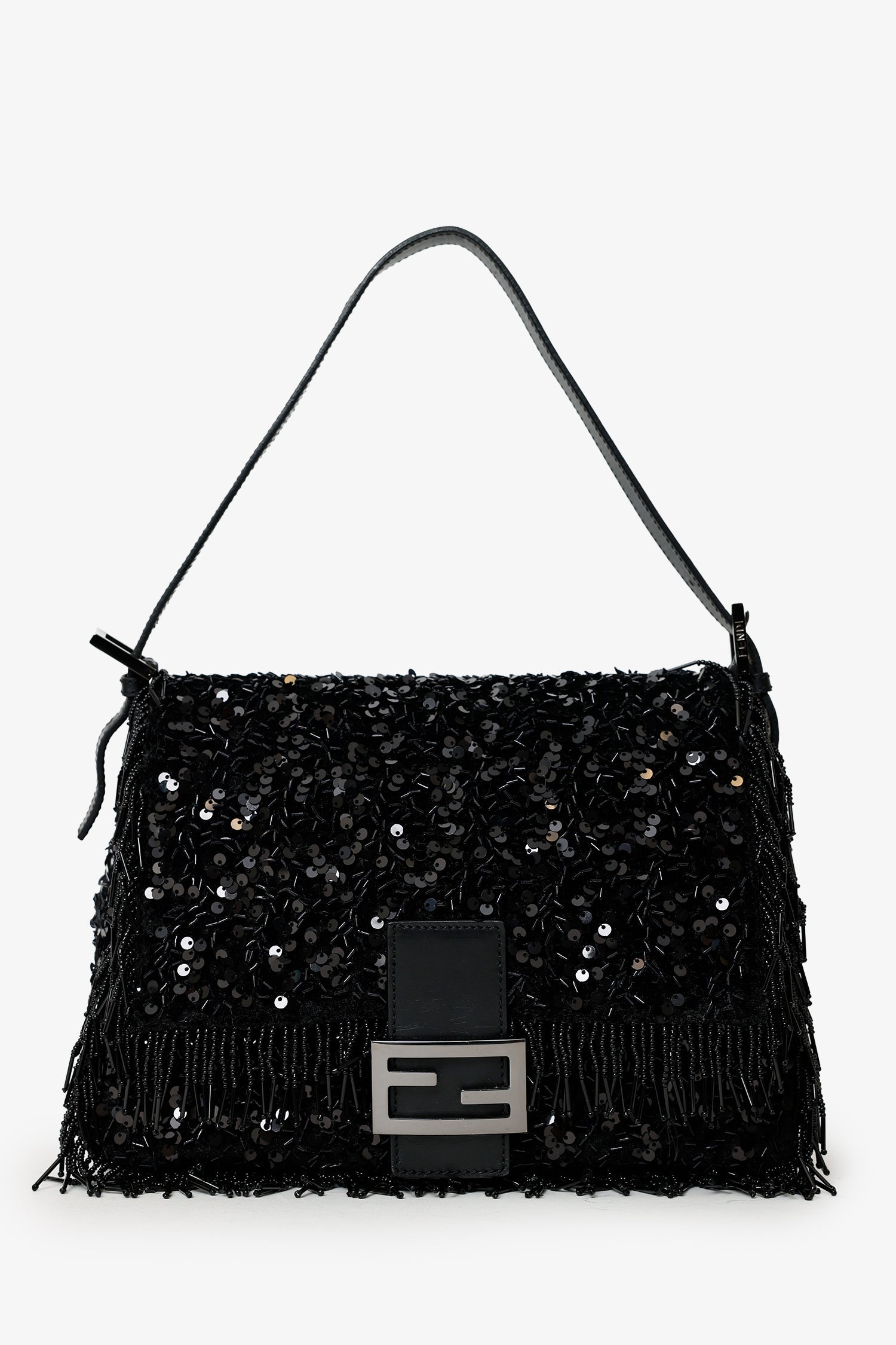 Fendi Limited Edition Sequin Beaded Fringed Mama Baguette Shoulder Black Shoulder Bag