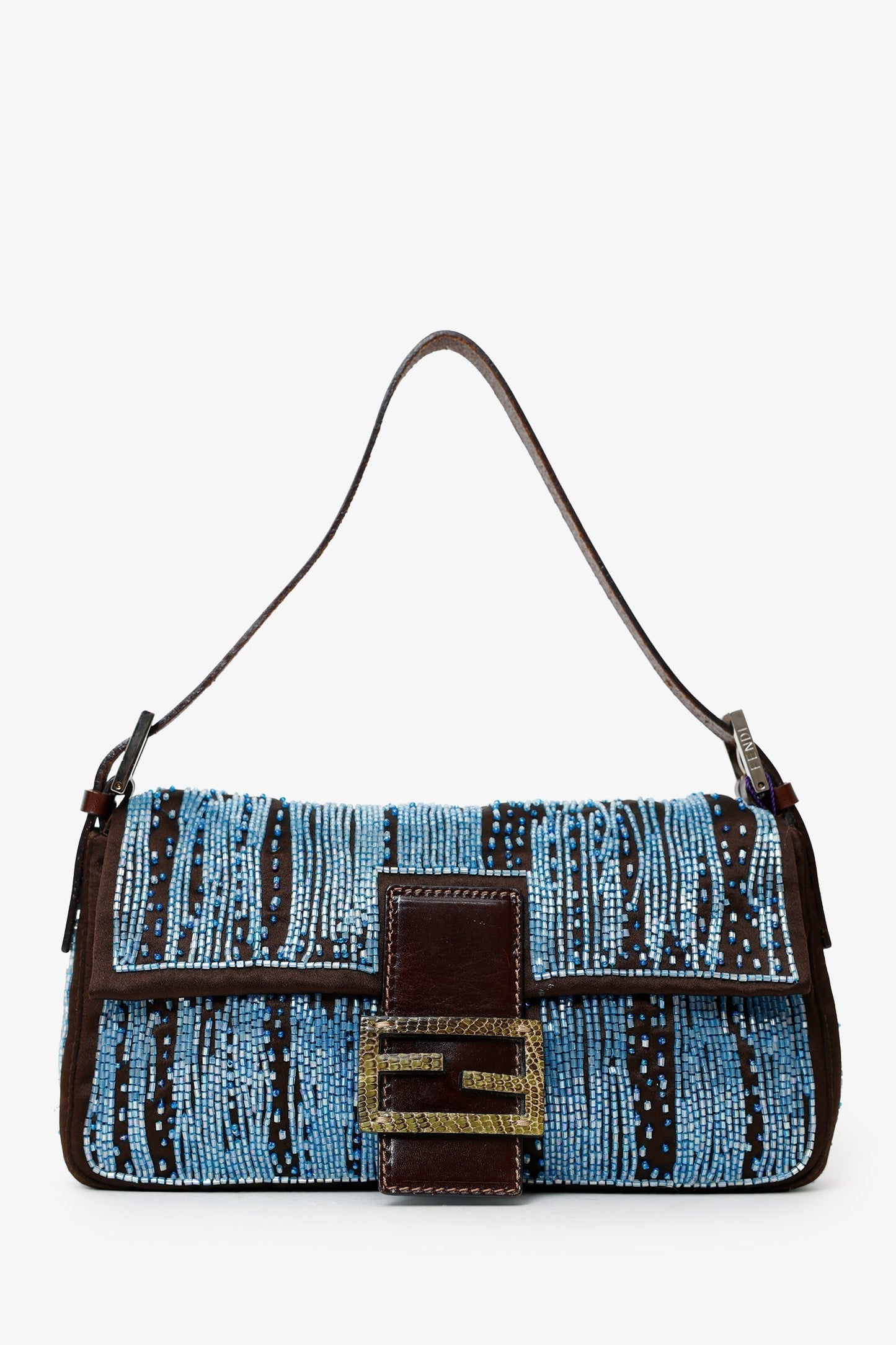Fendi Beaded Baguette Shoulder Bag Satin Brown Blue