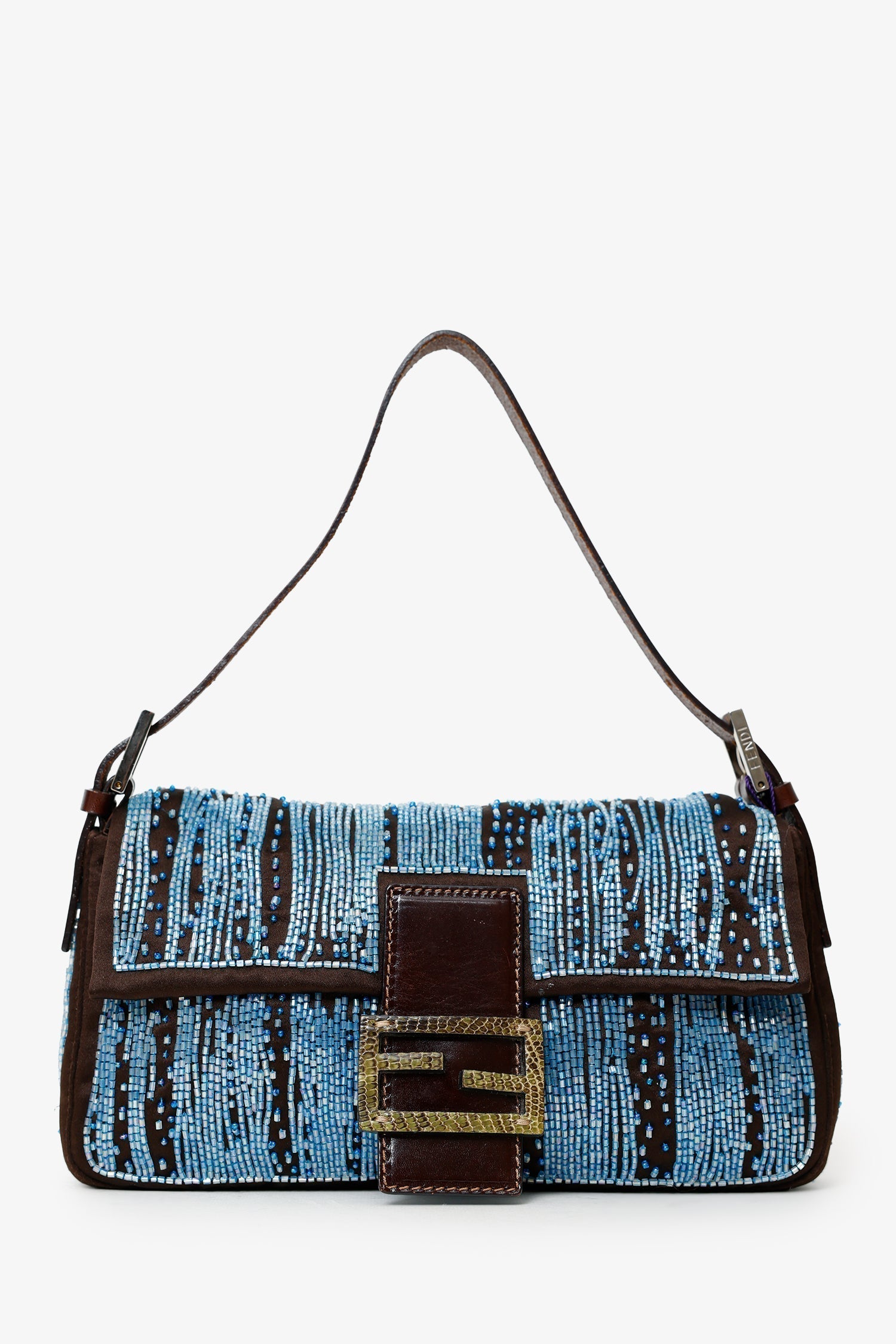 Fendi Beaded Baguette Shoulder Bag Satin Brown Blue
