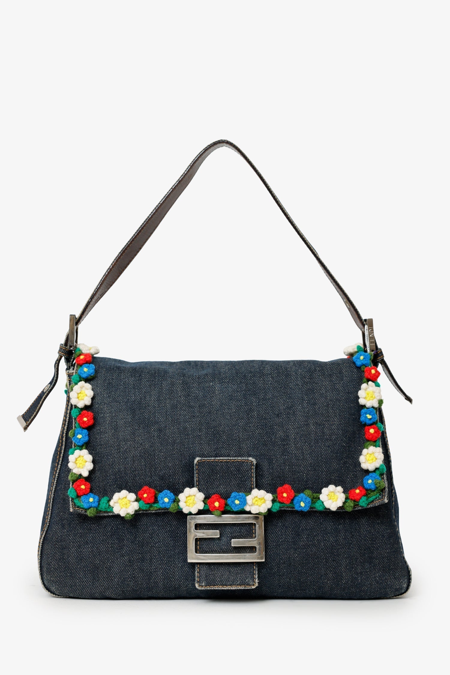 Fendi Crochet Floral Embellished Mama Baguette Shoulder Bag Denim Blue