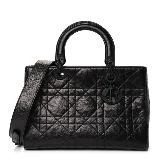 Dior Handbag Christian Crinkled Calfskin Macrocannage My ABC Lady Leather Black Medium Shoulder Bag