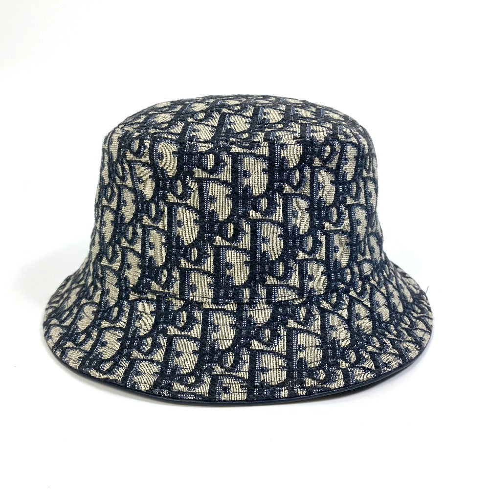 Dior Christian Hat Navy Oblique Women M Handbag Leather Canvas Bucket Bag
