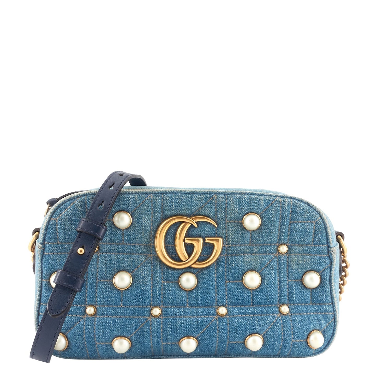 Gucci Pearly Marmont Camera Bag Denim Small Crossbody Bag