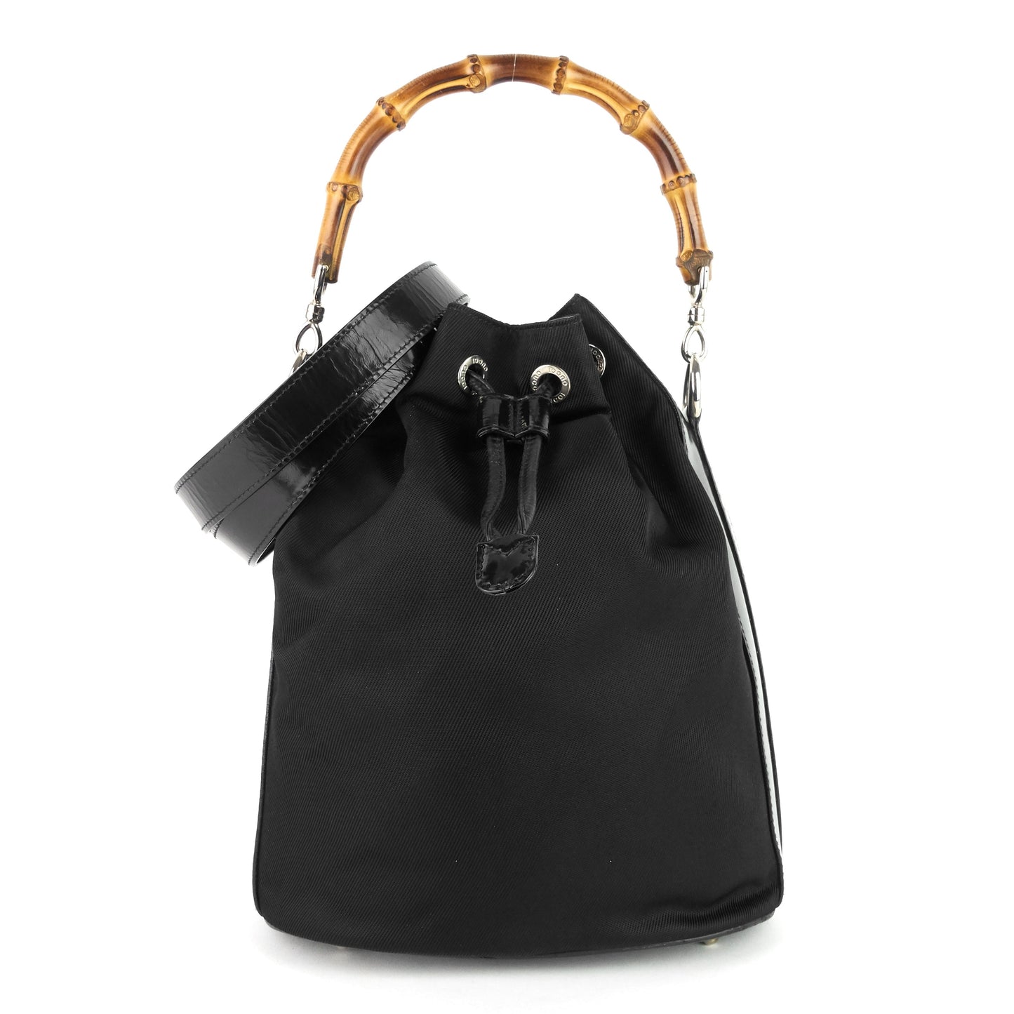 Gucci Bamboo Handle Drawstring Bag Nylon Bucket Jewelry