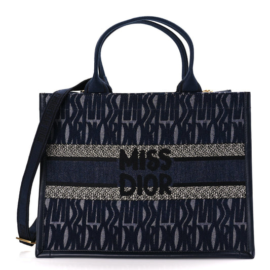 Dior Handbag Christian Calfskin Embroided Miss All Over Book Canvas Denim Blue Shoulder Bag