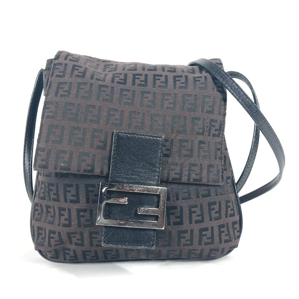 Fendi Shoulder Bag Zucchino Leather Canvas Brown