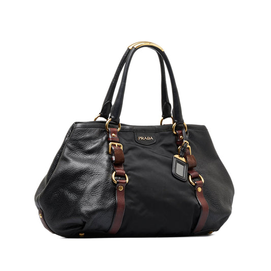 Prada And Tote Leather Nylon Black Tote Bag