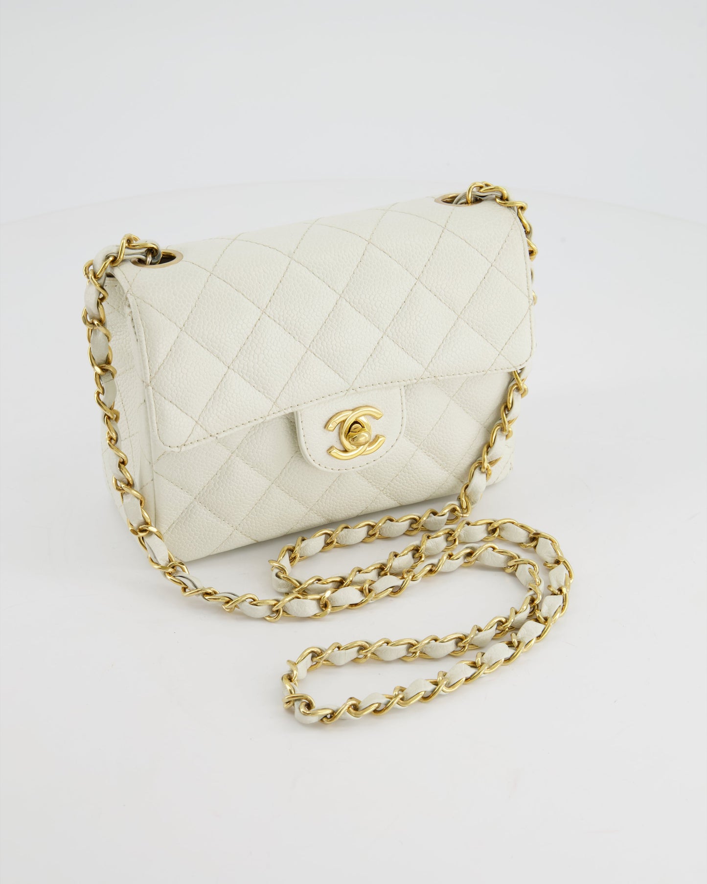 Chanel *RARE* White Caviar Mini Square Flap Bag with Gold Hardware